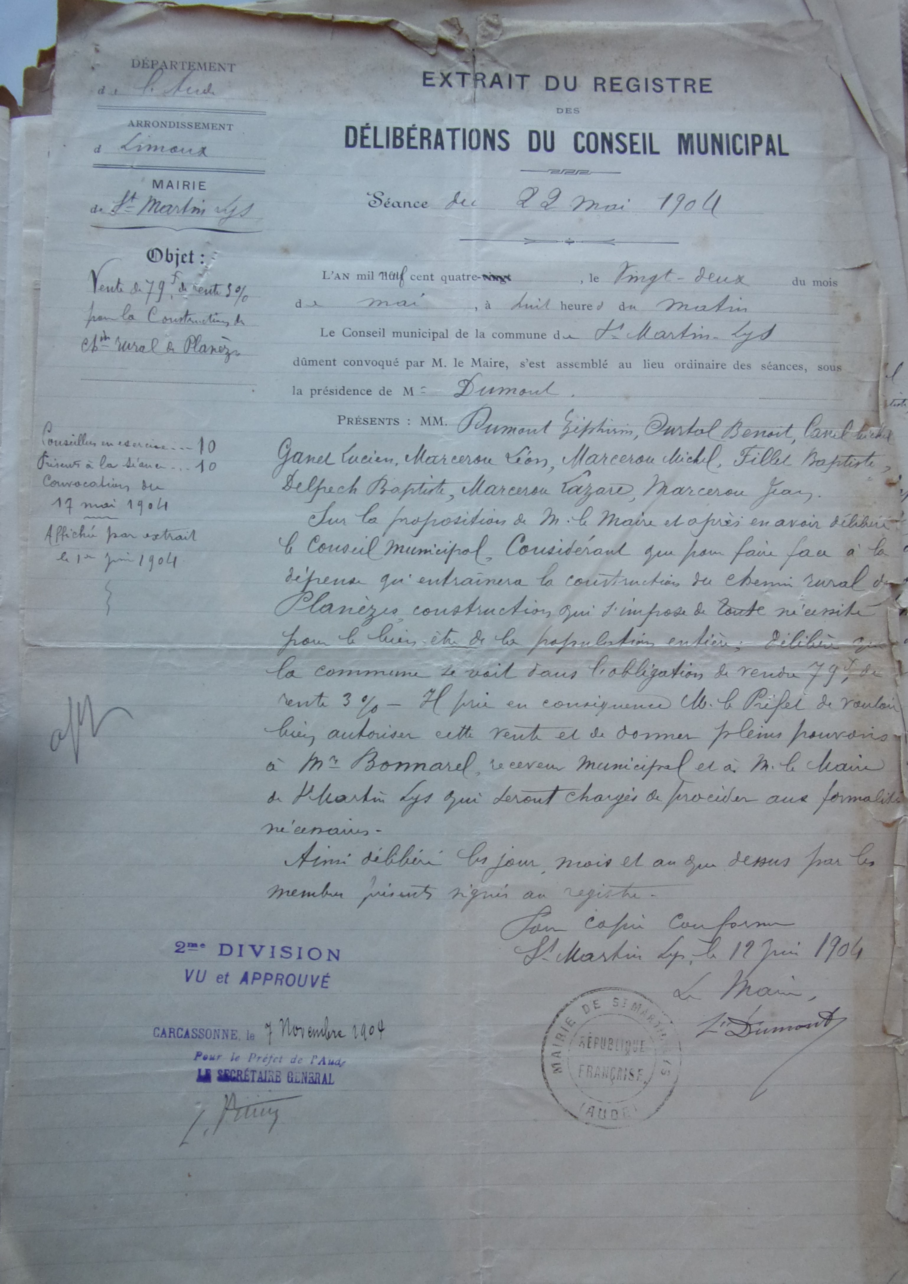 19040522 délibération conseil  vente - Aliénation d'un titre de rente pour la construction du chemin rural de planèzep1 100_4812100_4821