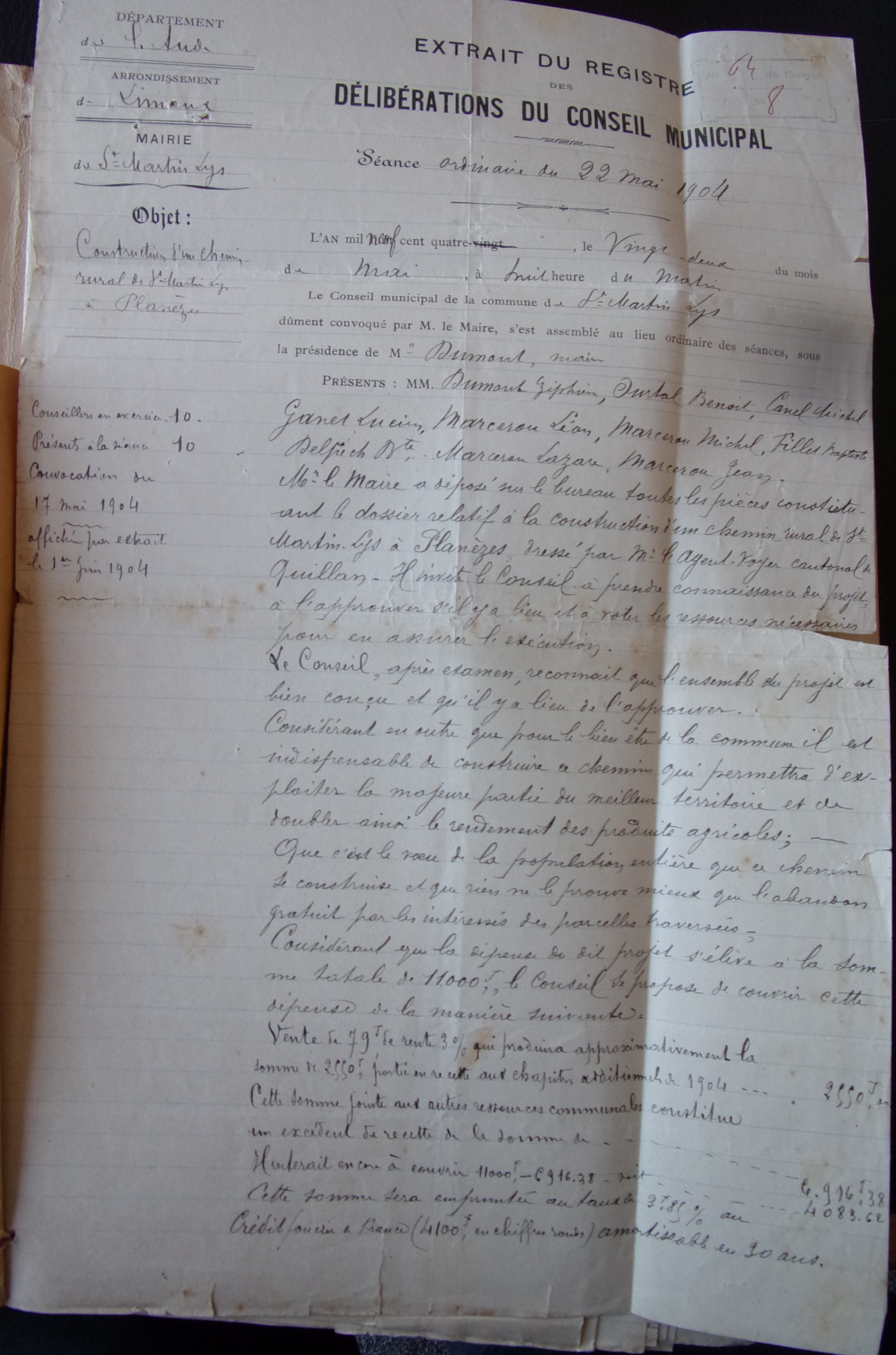 19040522 délibération conseil Construction d'un chemin rural de St Martin à Planèze p1 100_8826