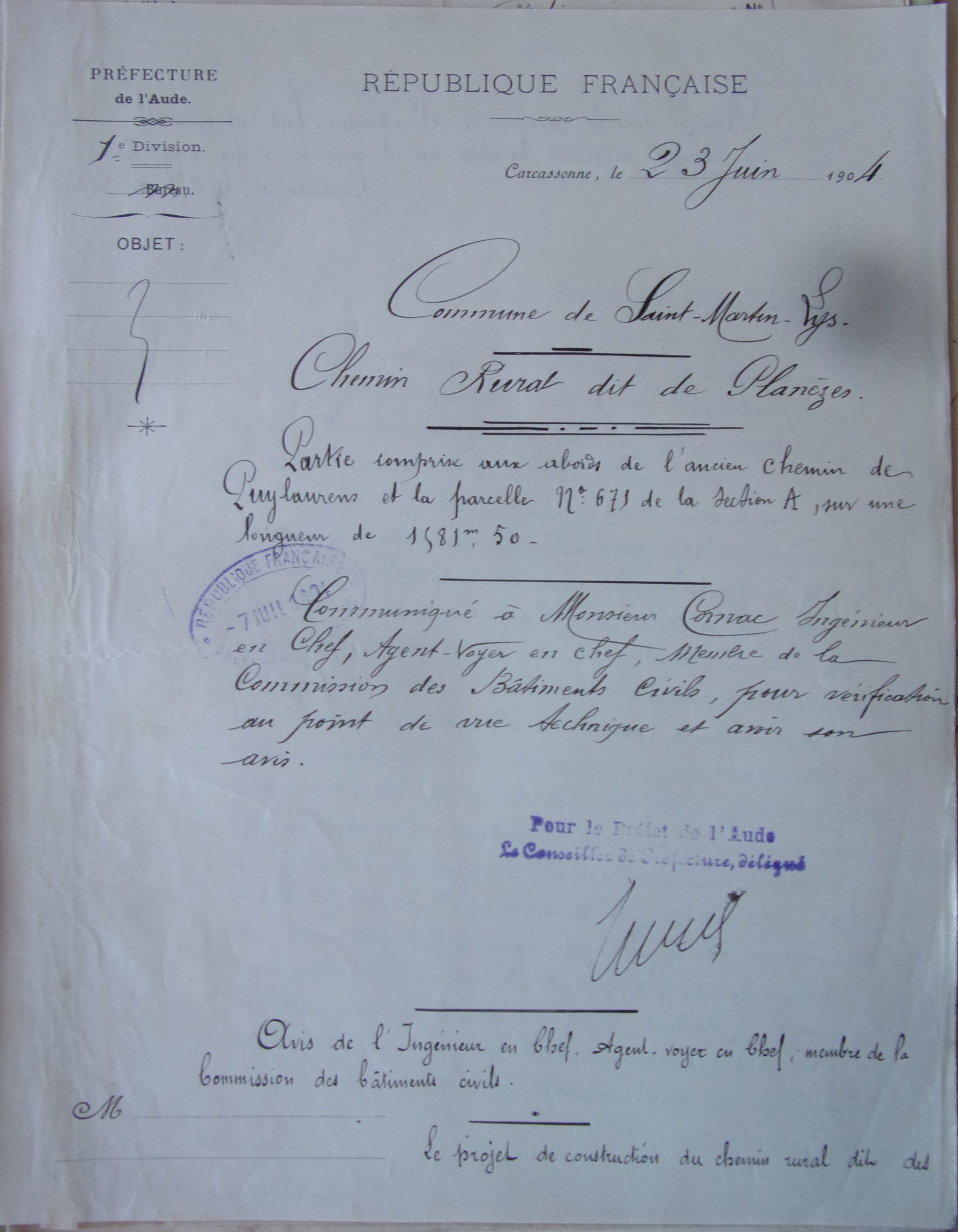 19040623 Communication à L'ingénieur en chef, agent voyer en chef, membres de la commission des batiments Construction du chemin rural de Planèze p1 100_8904