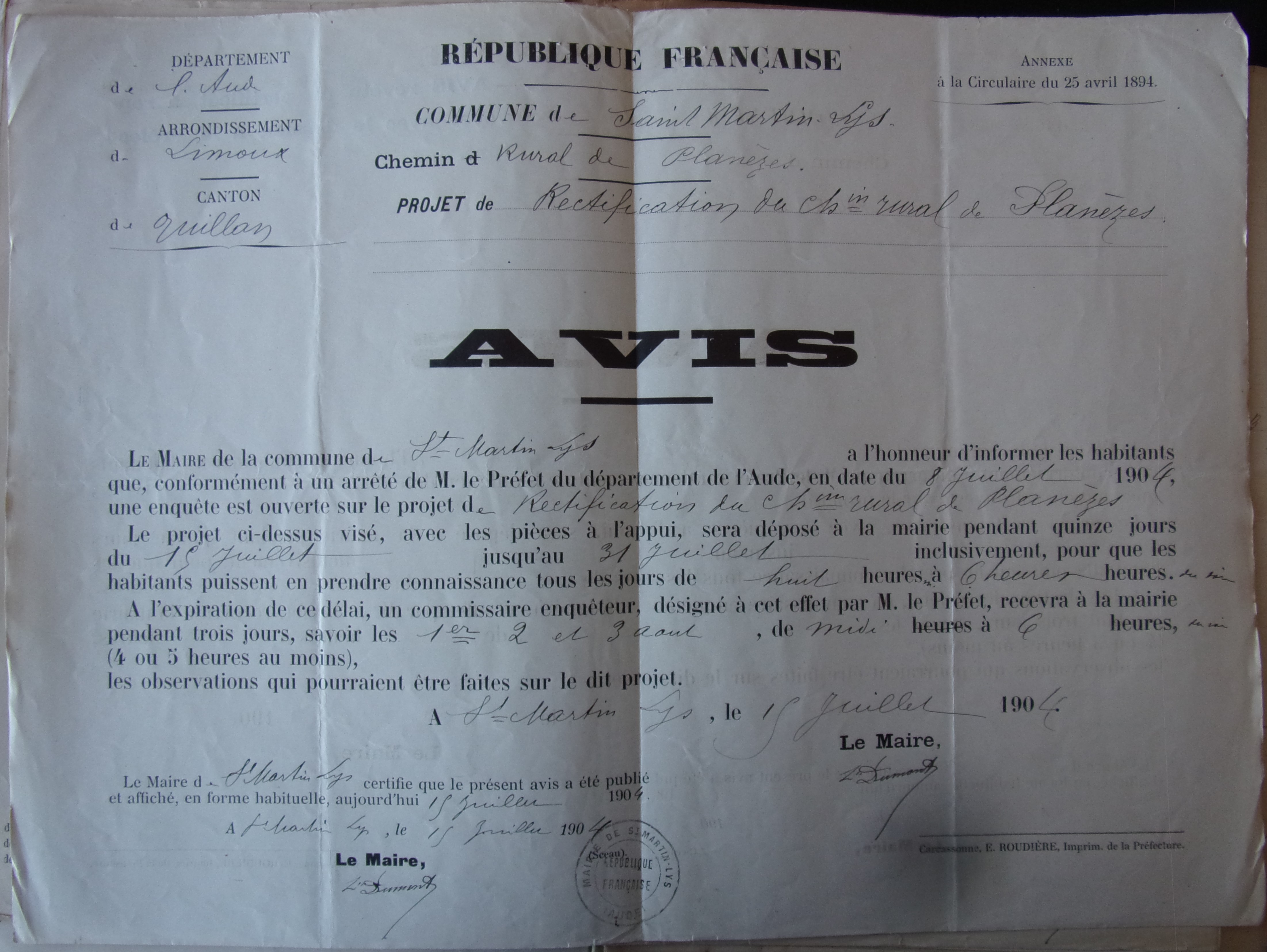 19040715 Avis d'enquête d'utilité publique Construction du chemin rural de Planèze p1 100_8898