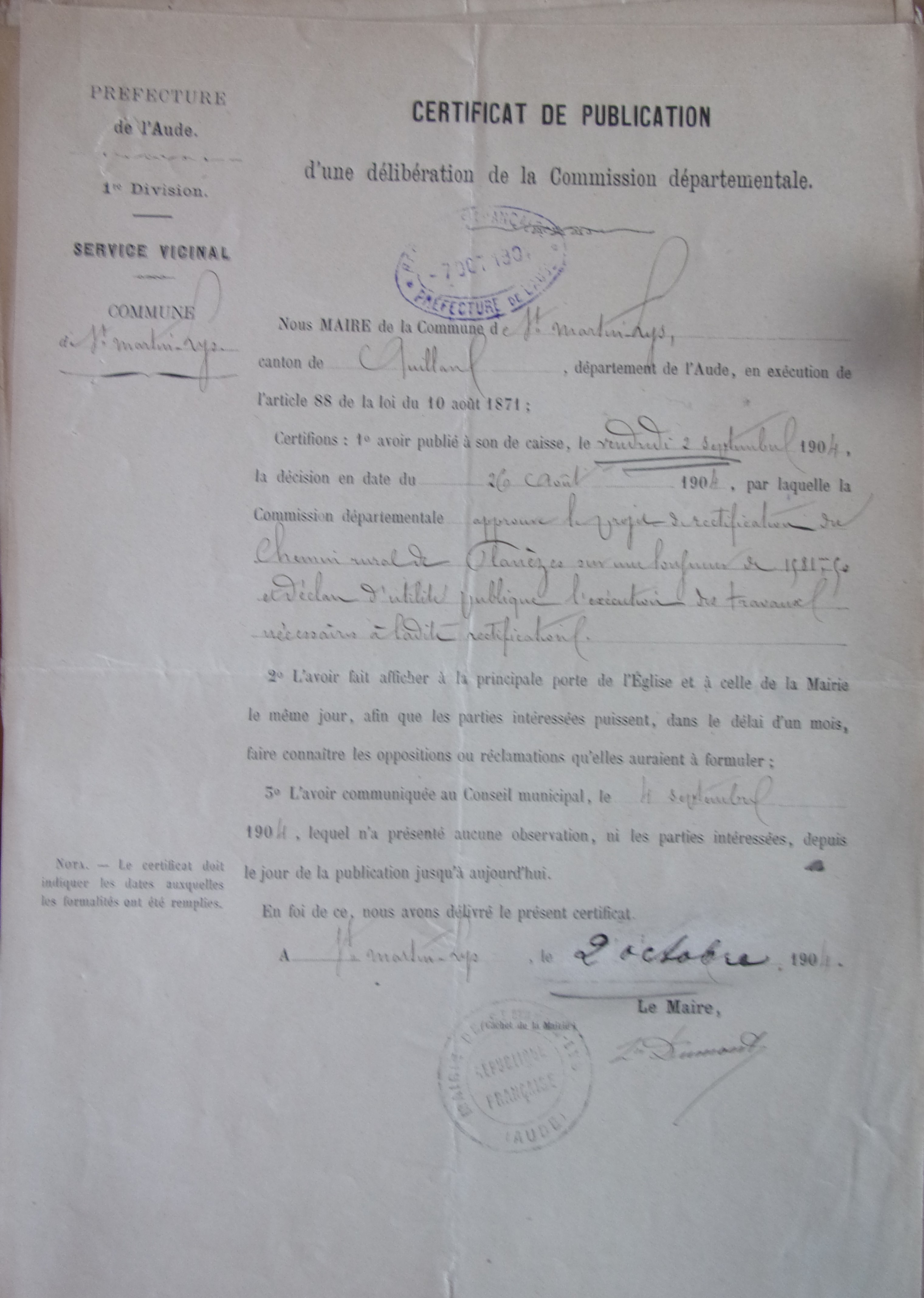 19041002 certificat de publication commission départementale Construction du chemin ruralde Planèze p1 100_8892