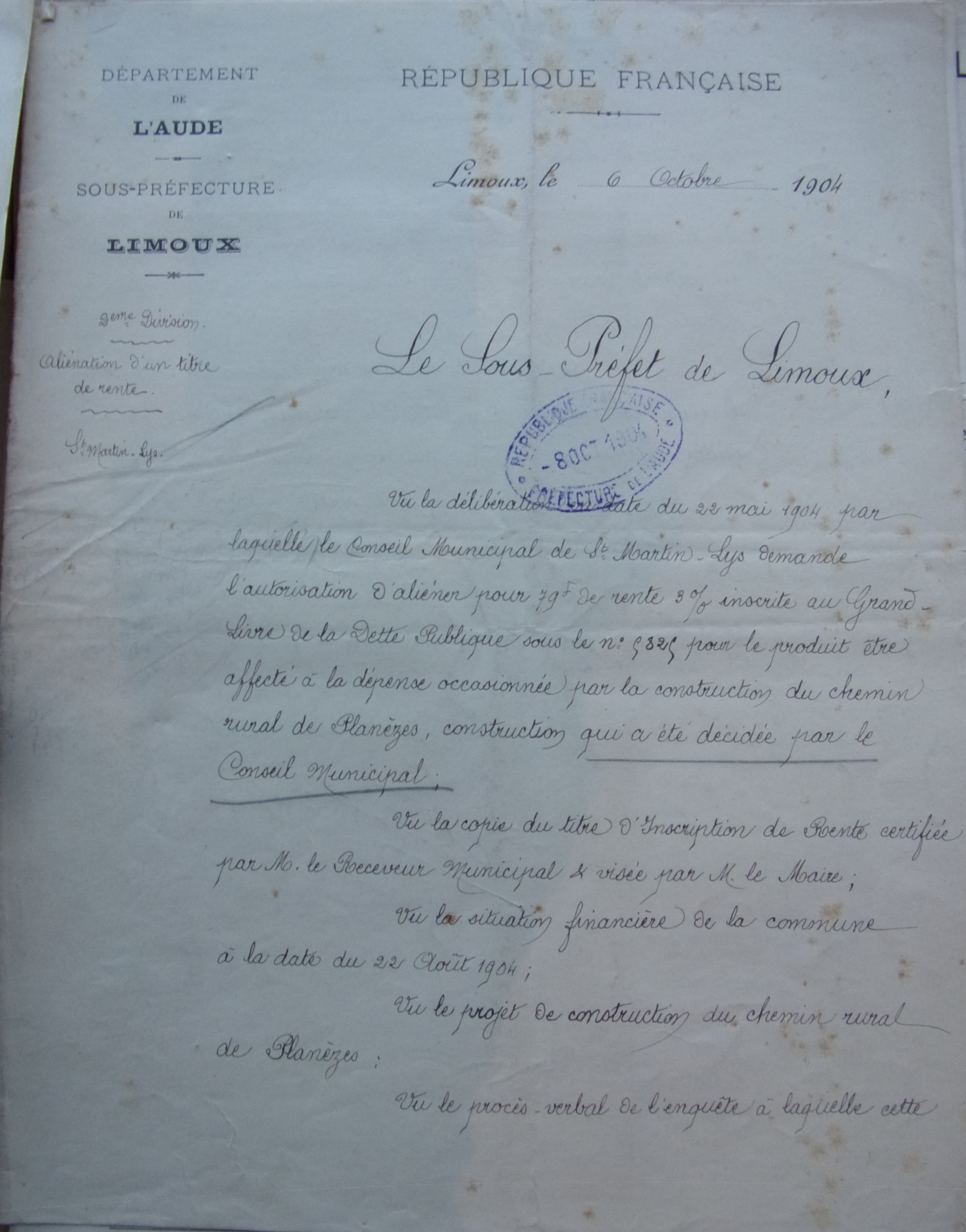 19041006 Décision sous-préfet accord d'aliénation d'un titre de rente p1 100_4816