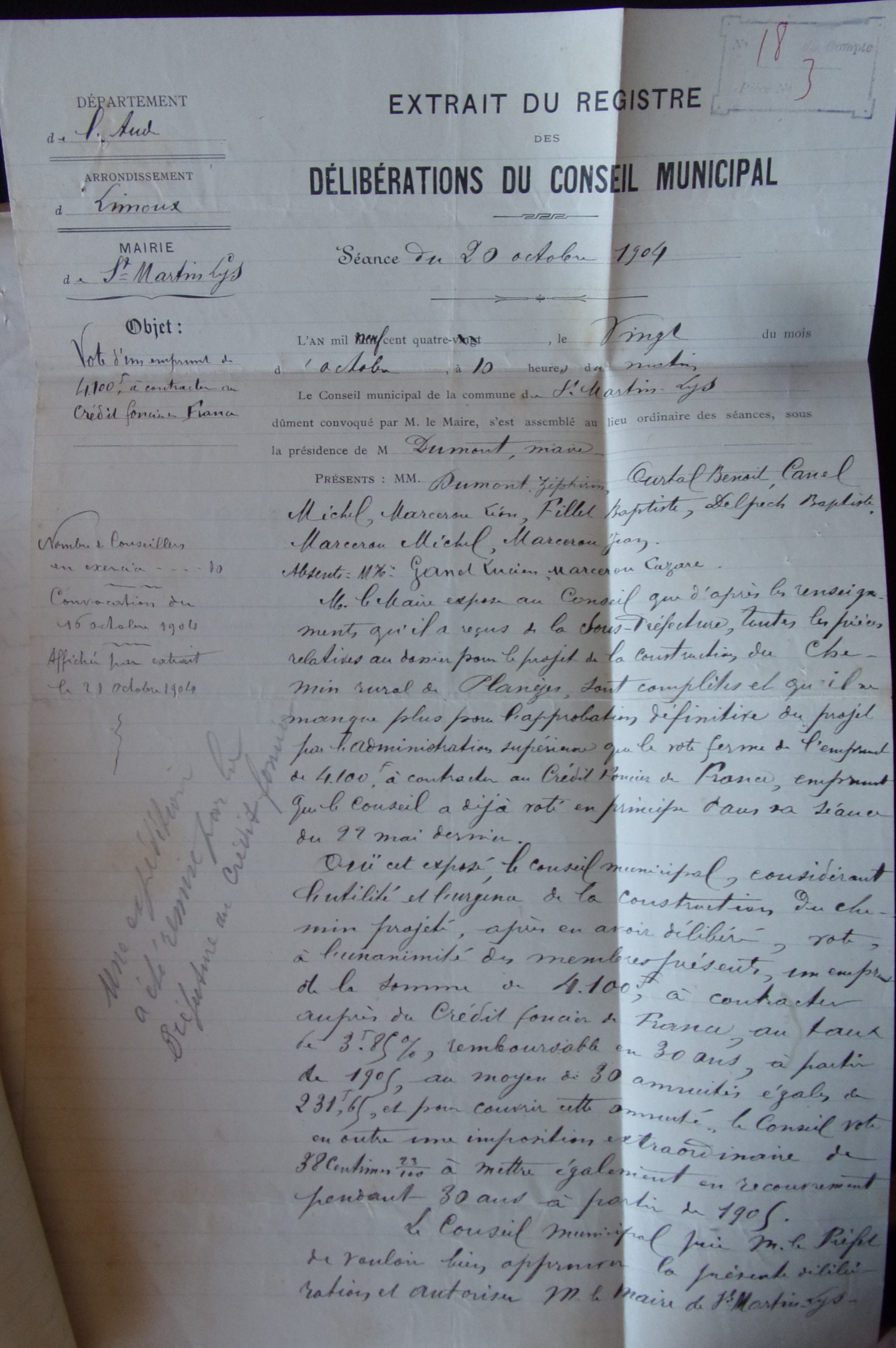 19041020 délibération conseil Vote d'un emprunt de 4100F à contracter au crédit foncier de France construction chemin rural de Planèze p1 100_8831