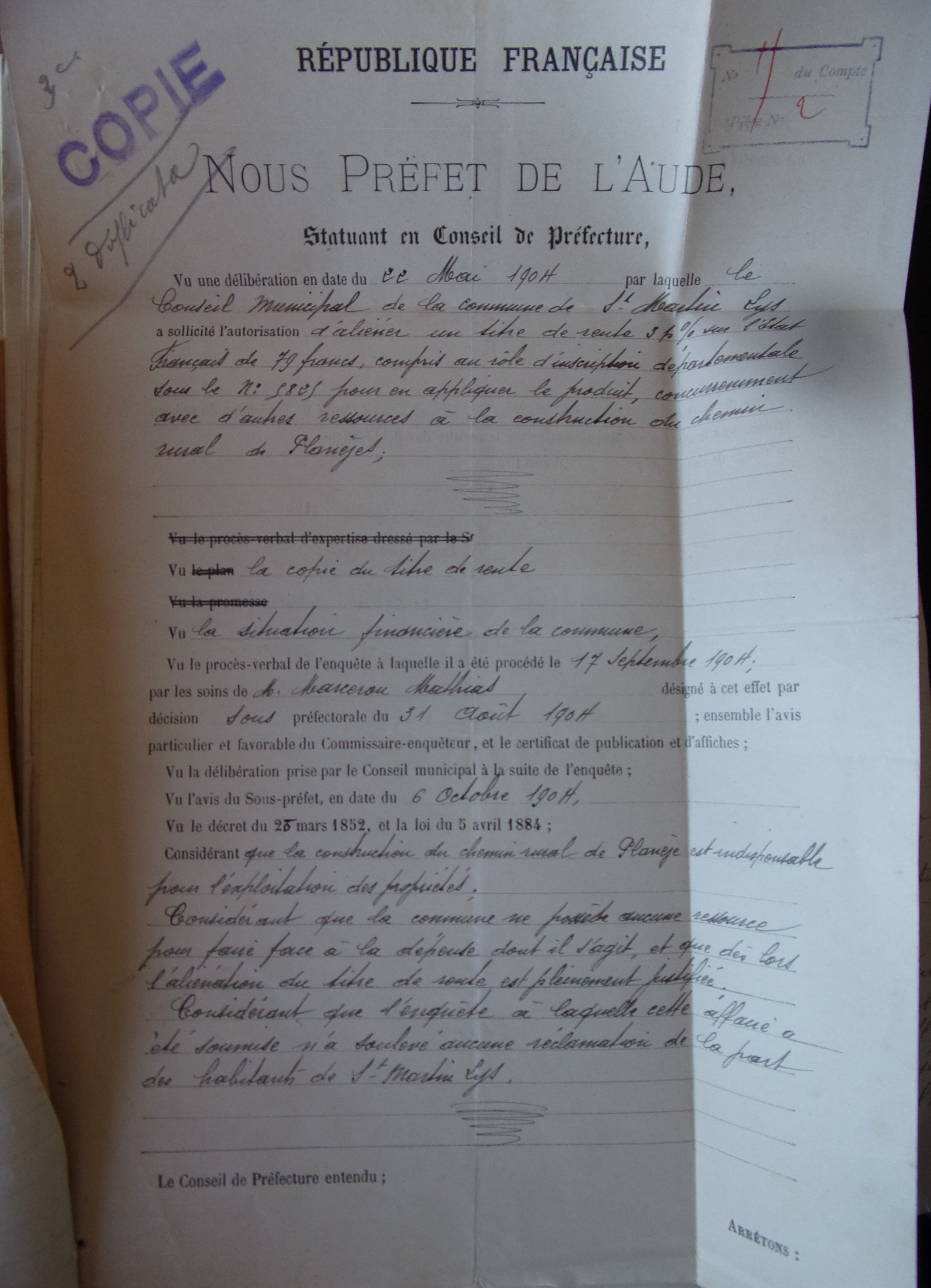 19041107 Conseil de Préfecture Construction d'un chemin rural de St Martin à Planèze p1 100_8828