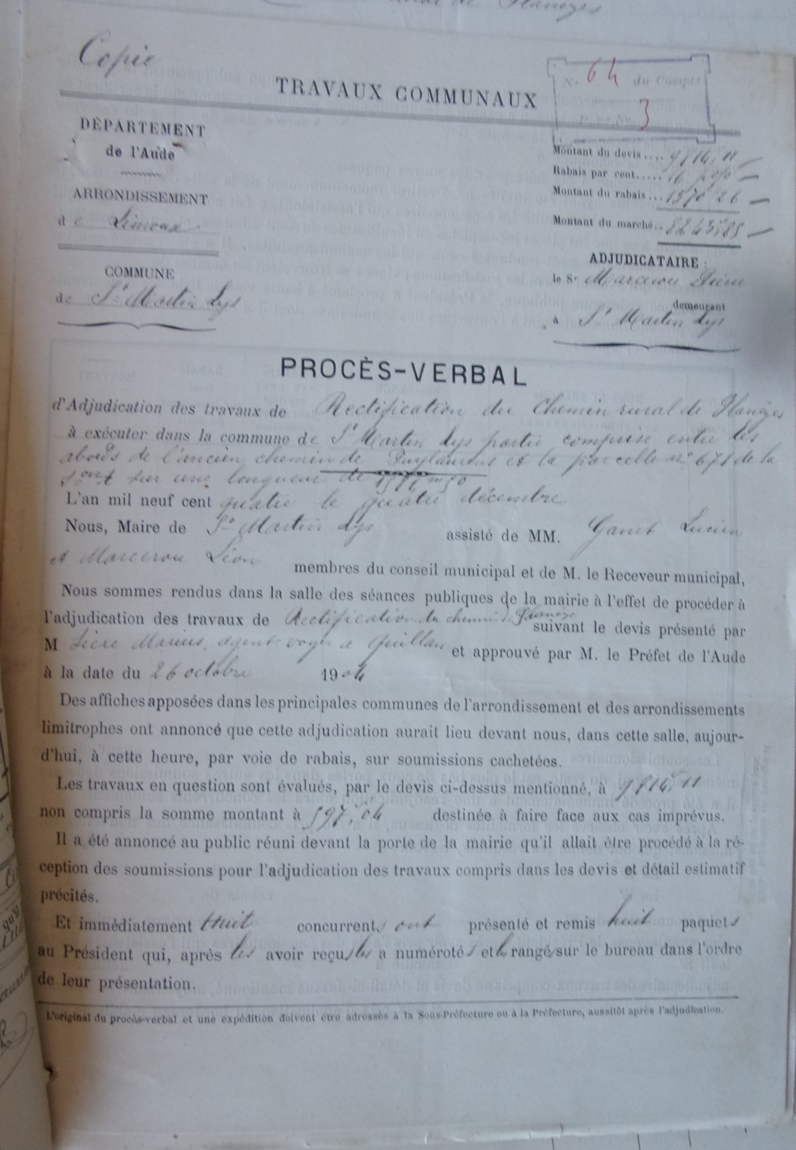 19041215 Procès verbal Adjudication travaux Construction chemin rural de Planèze p1 100_8848