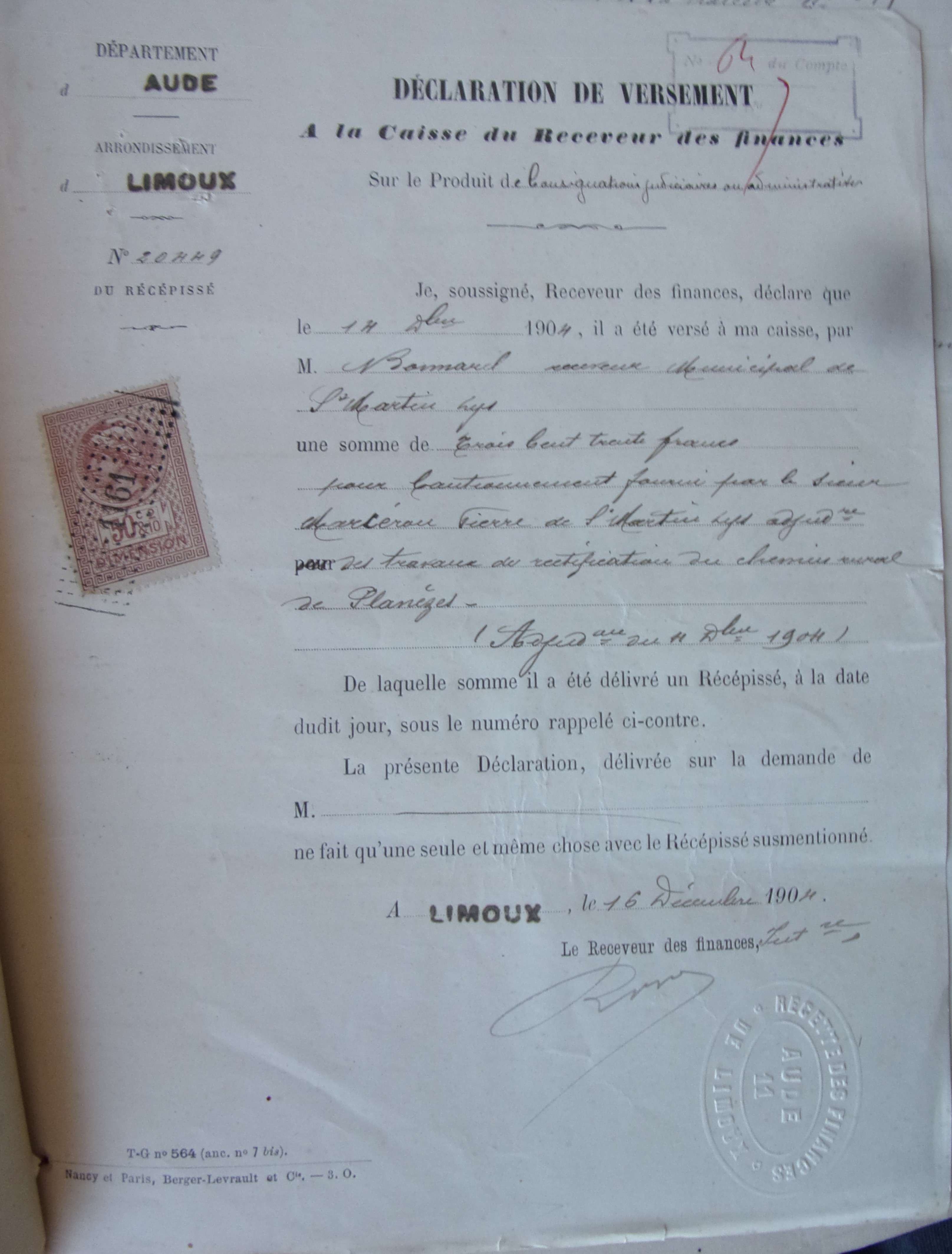 19041216 19041215 19050131 Déclaration de versement Cautionnement travaux Construction chemin rural de Planèze p1 100_8851