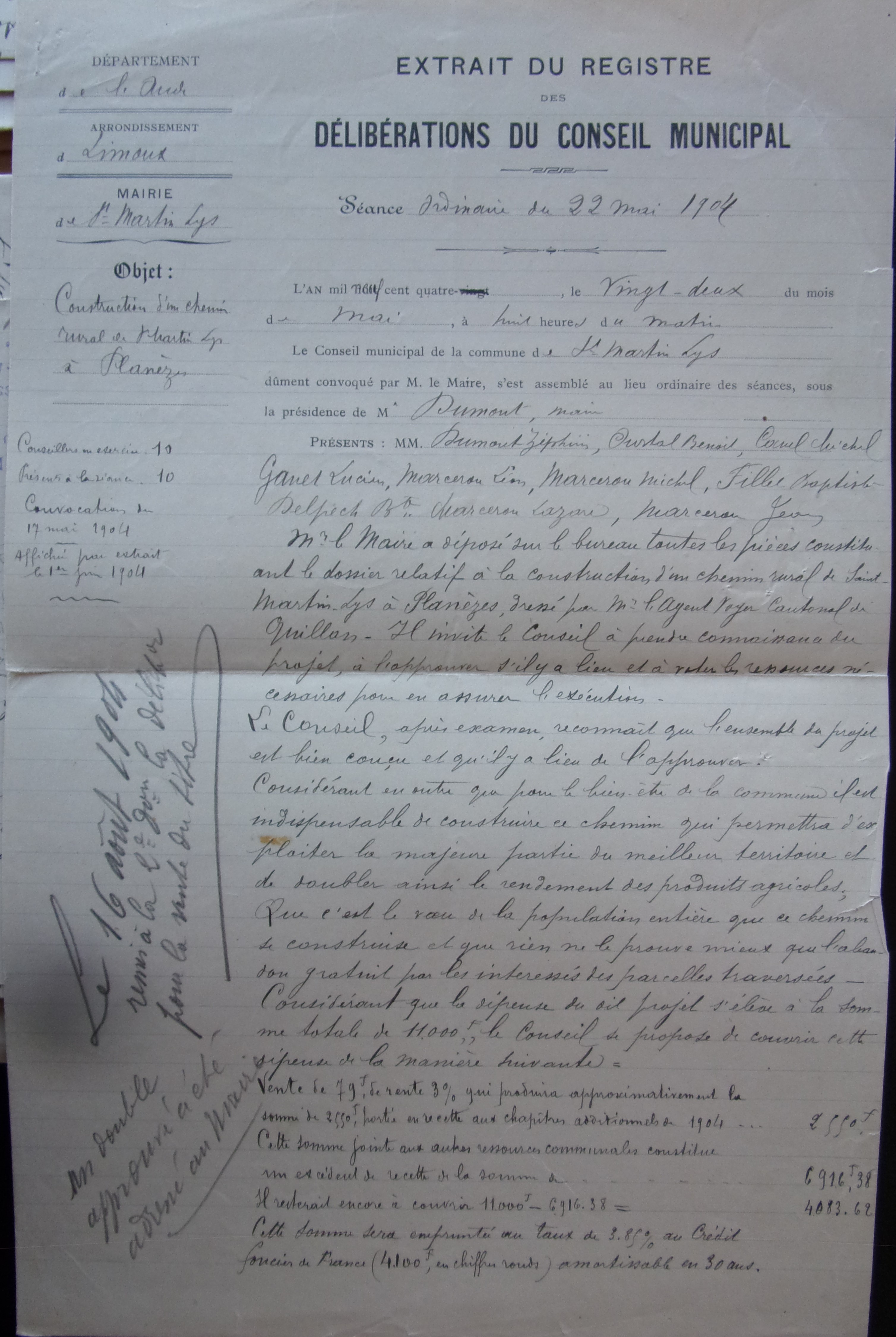 19041222 délibération conseil Construction du chemin rural de Planèzes p1 100_8884
