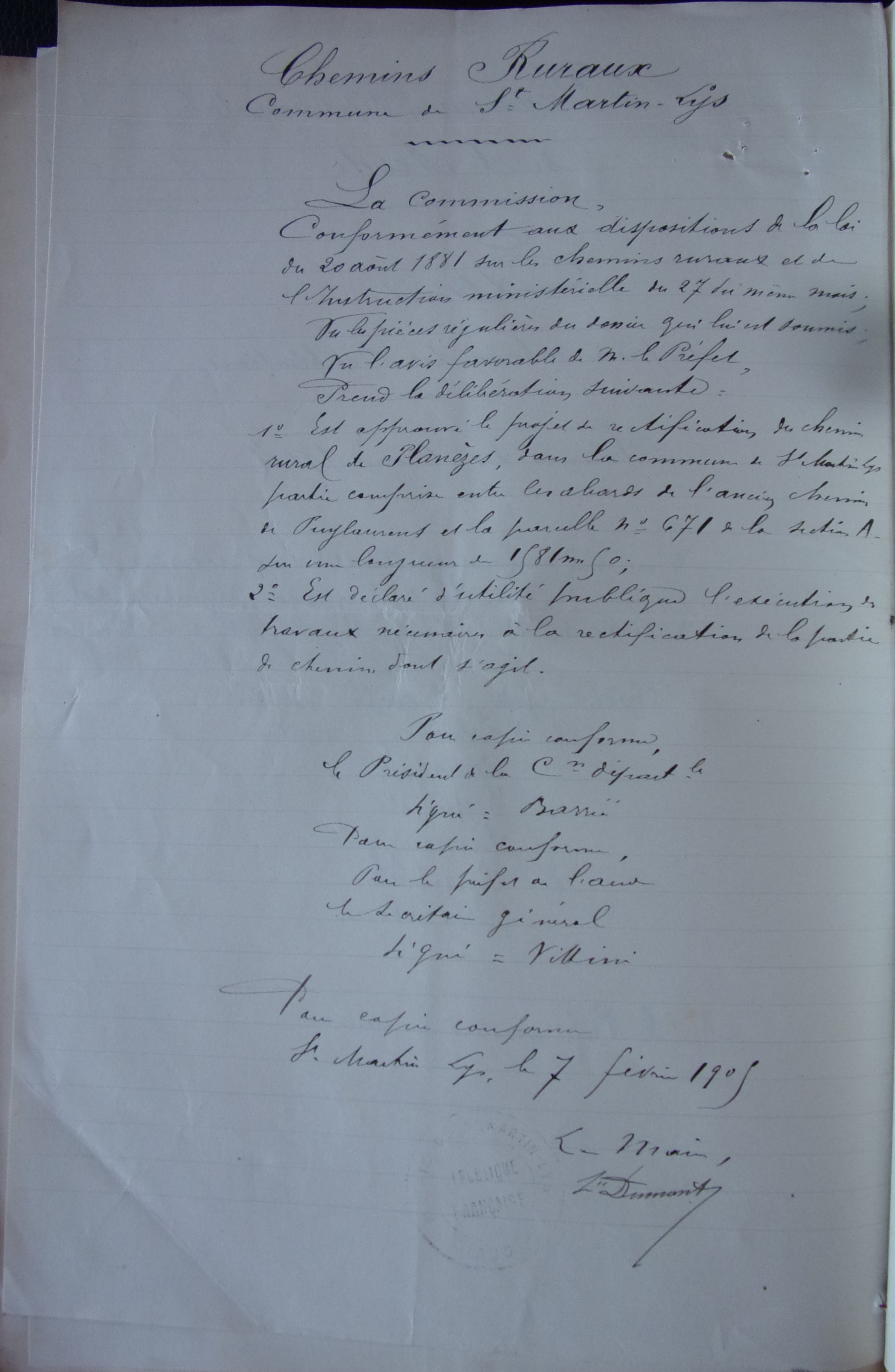 19050207 Maire déclaration d'utilité des travaux de construction du chemin rural de Planèze 100_8873