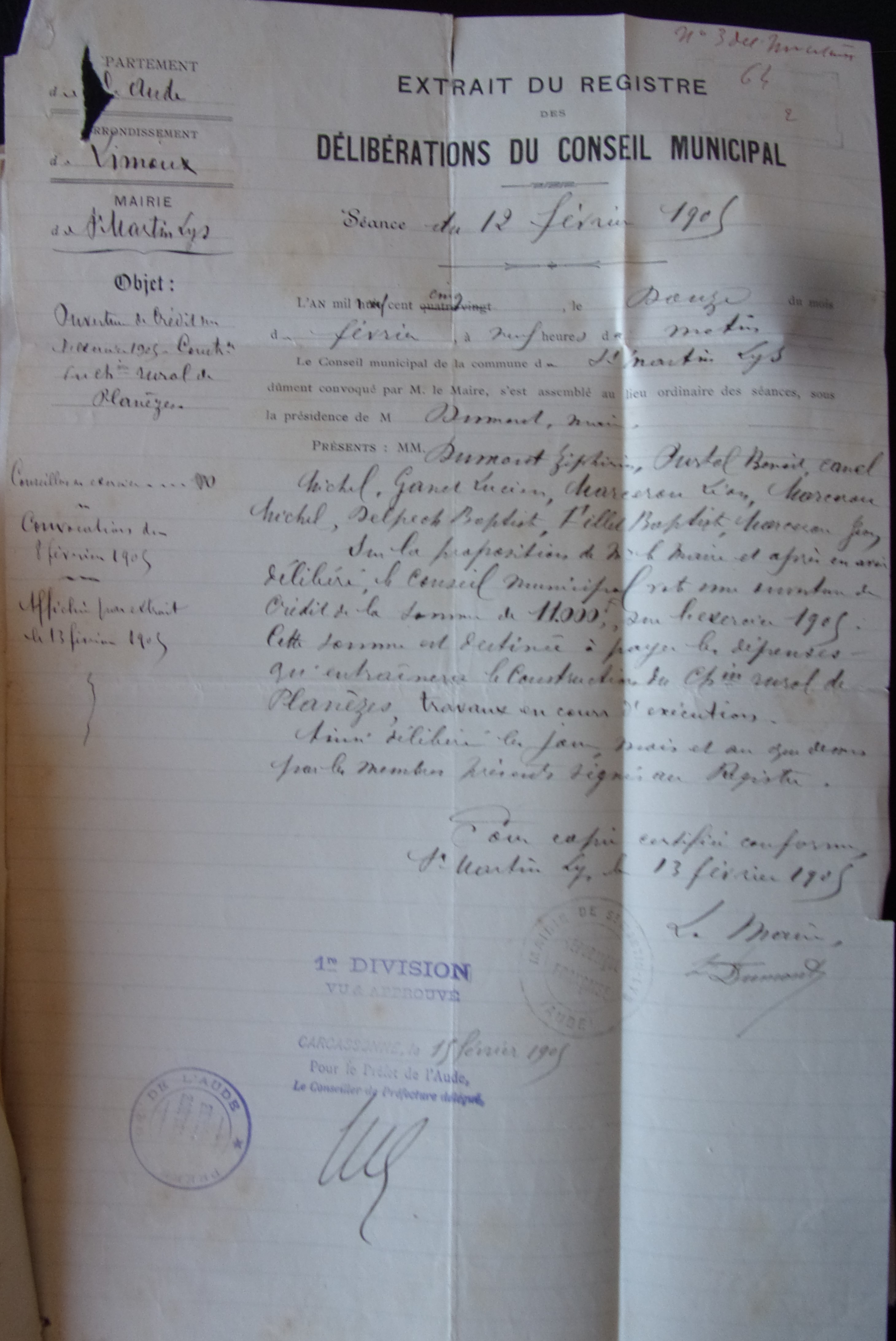 19050212 délibération conseil Ouverture de crédit sur exercice 1905 construction chemin rural de Planèze p1 100_8830