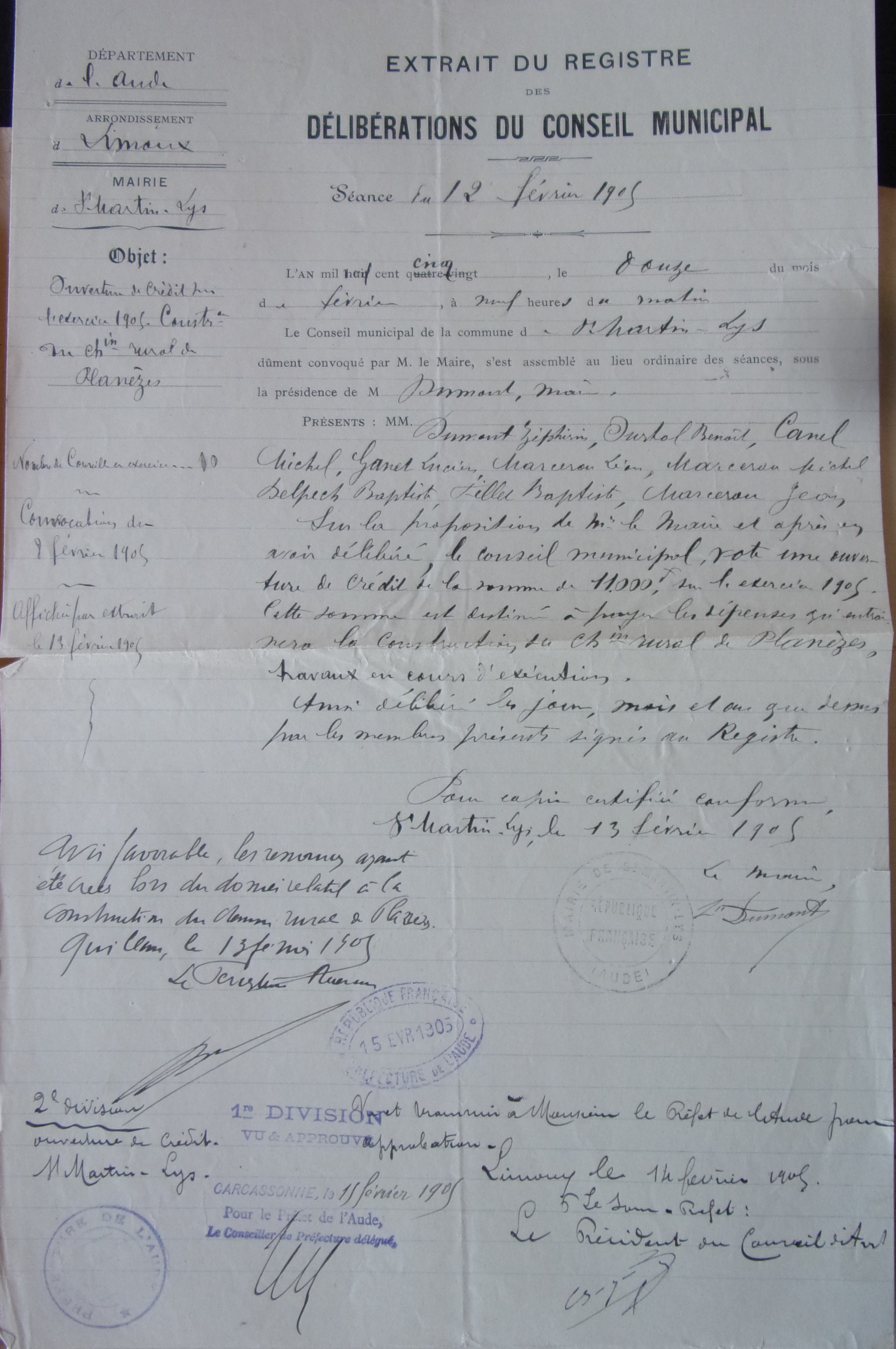 19050212 délibération conseil Ouverture de crédit sur l'exercice 1905 Construction du chemin rural de Planèzes p1 100_8883