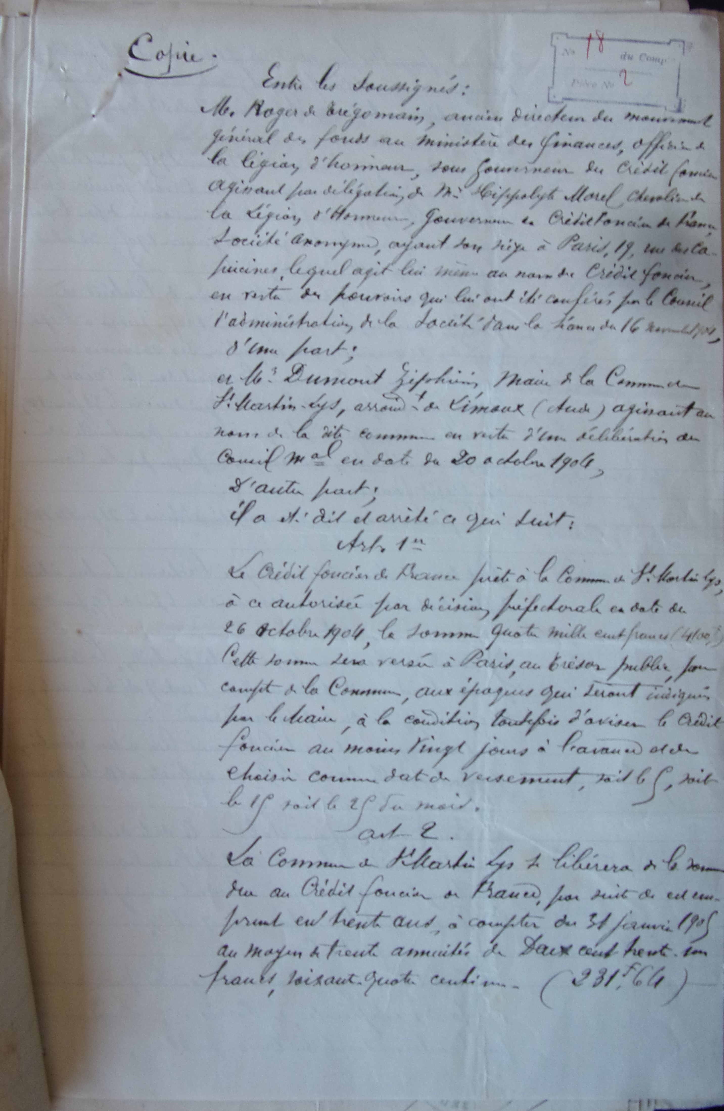 19050622 Contrat d'emprunt au crédit foncier de France Construction chemin rural de Planèze p1 100_8833