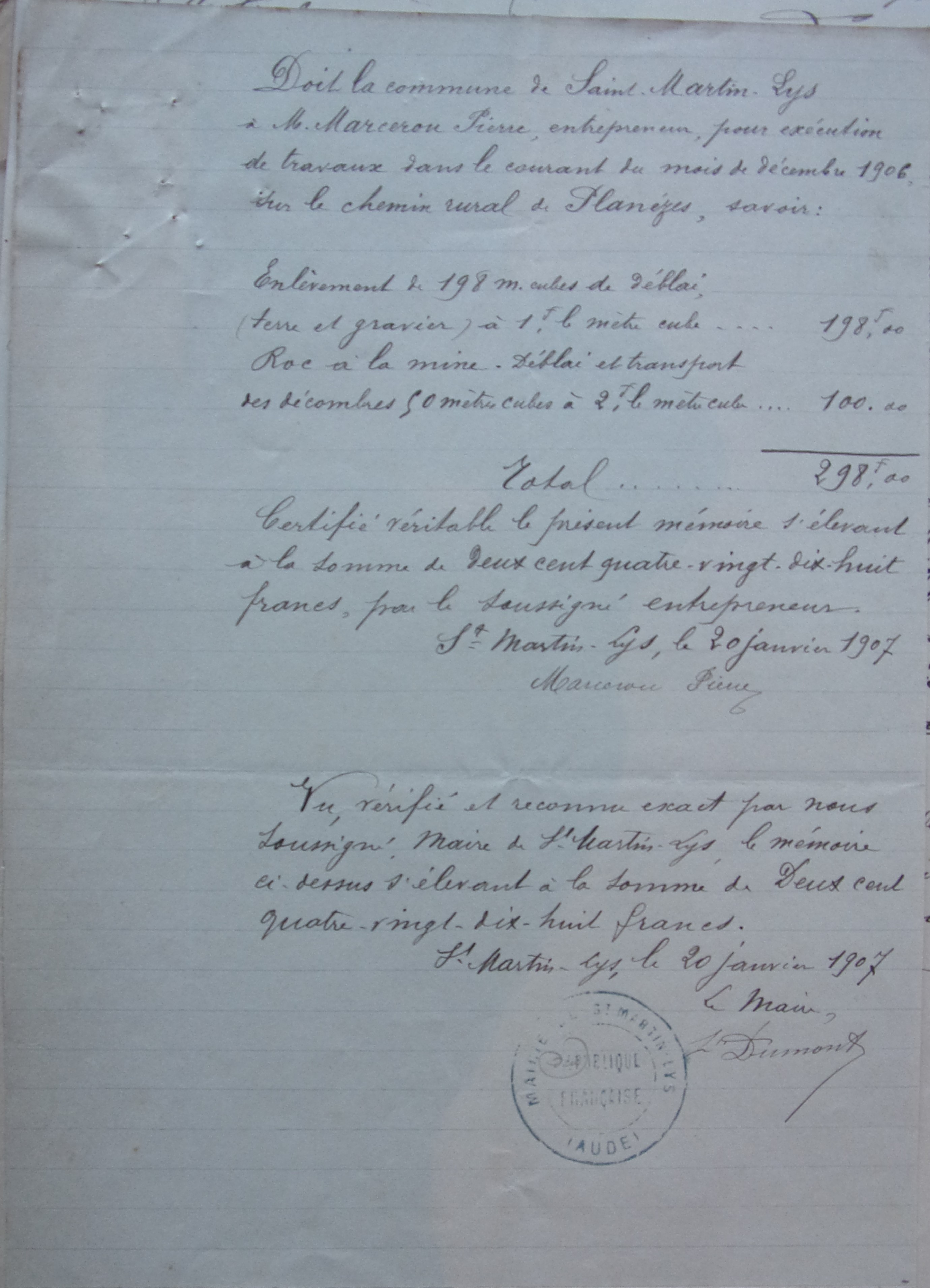 19070120 Evaluation dette pour exécution de travaux sur le chemin rural de Planèzes 100_4896