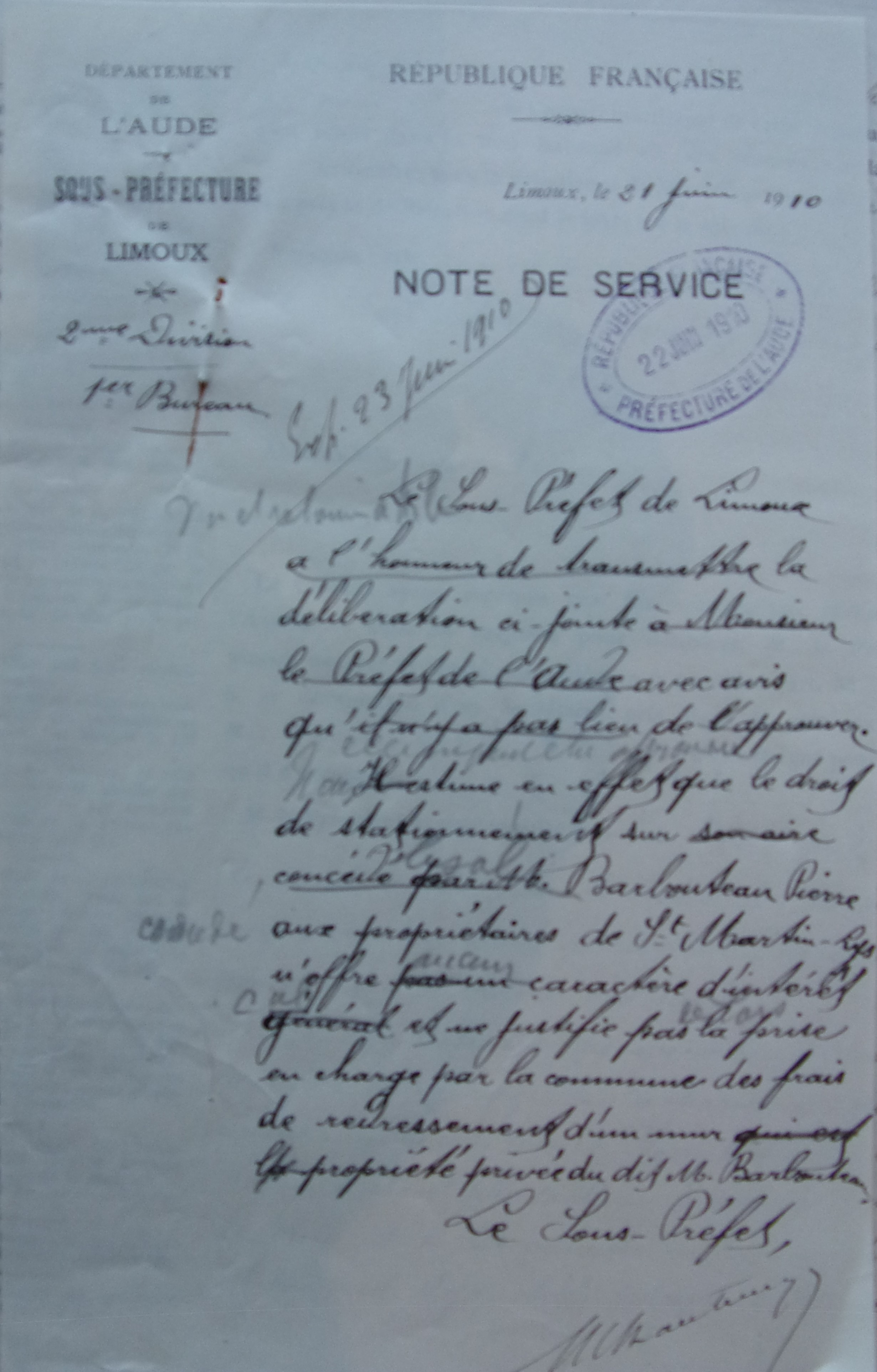 19100621 Note de service du Sous-préfet -brouillon- contestation Mur de soutainement 100_4772