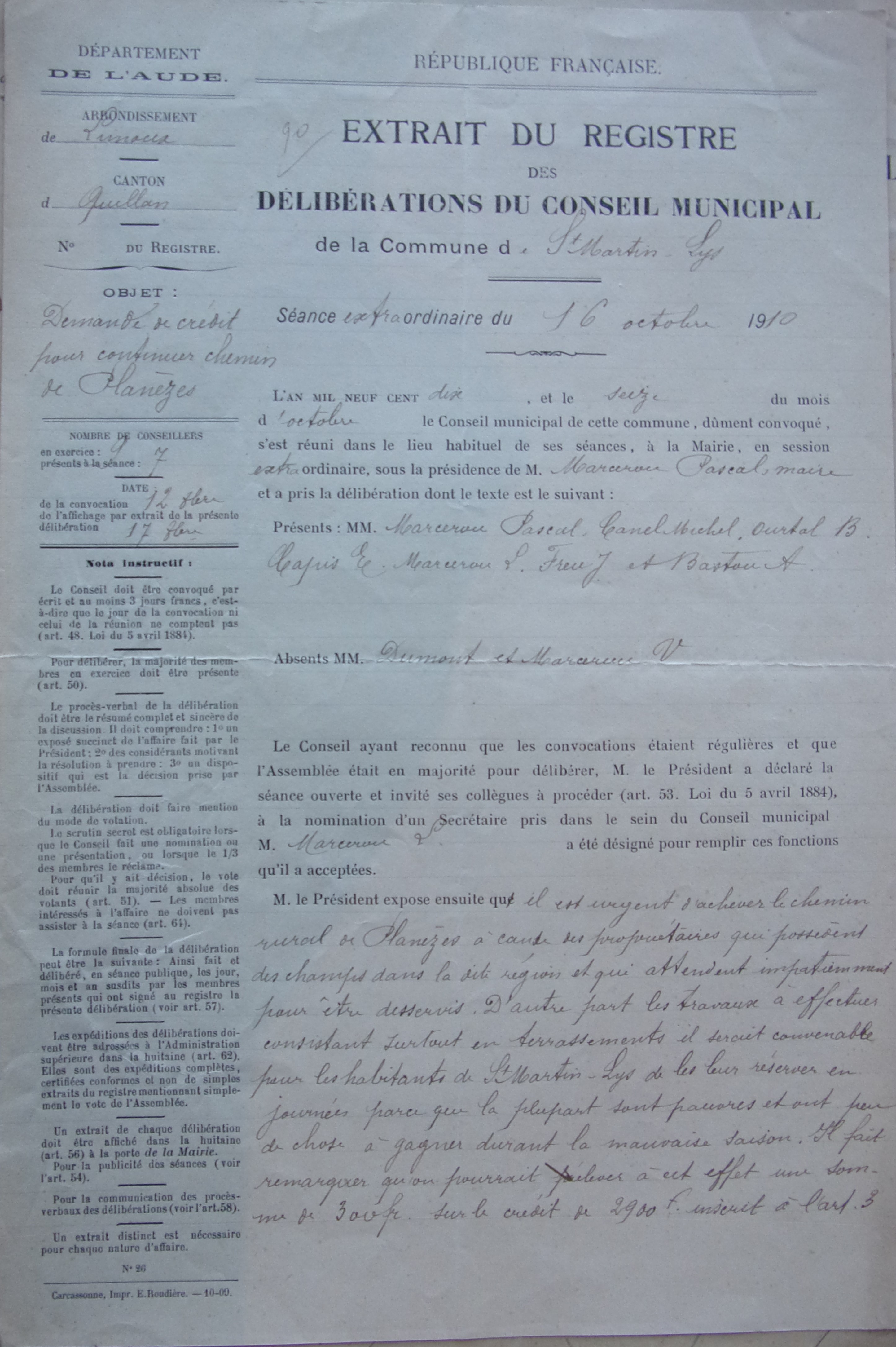 19101016 délibération conseil Demande de crédit pour continuer chemin de Planèzes p1 100_4889