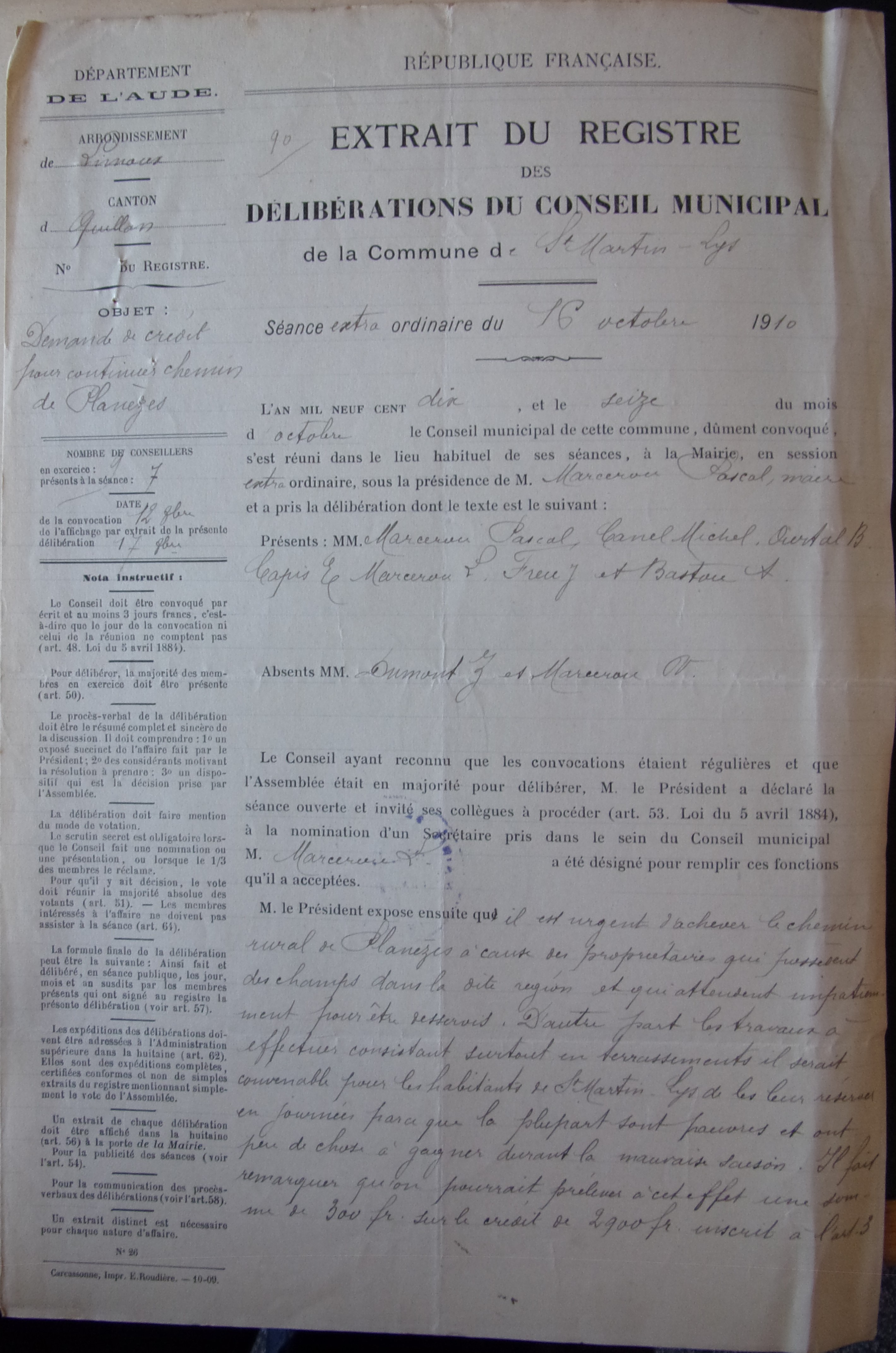 19101016 délibération conseil Demande de crédit pour continuer chemin de Planèzes p1 100_8954