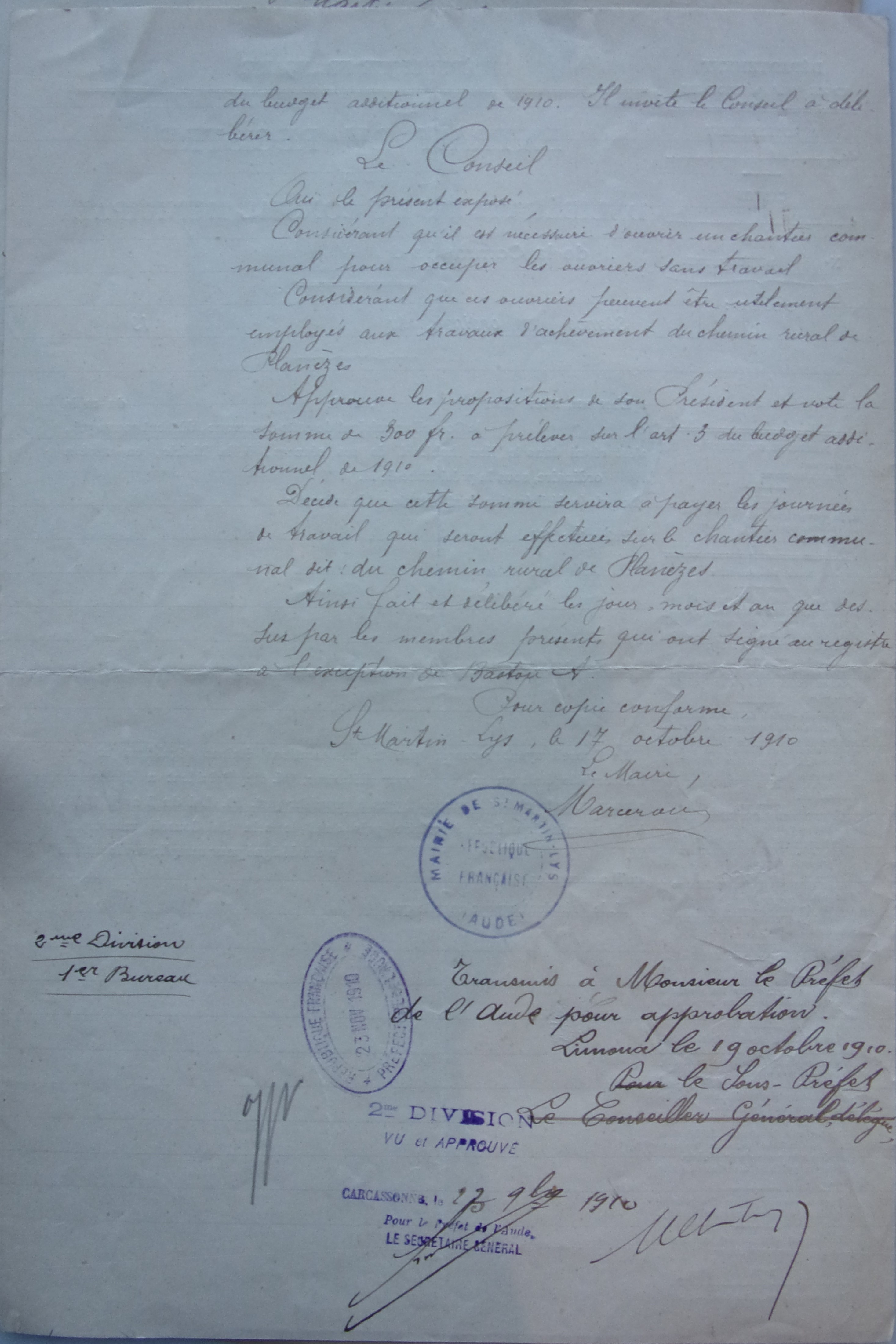 19101016 délibération conseil Demande de crédit pour continuer chemin de Planèzes p2 100_4890