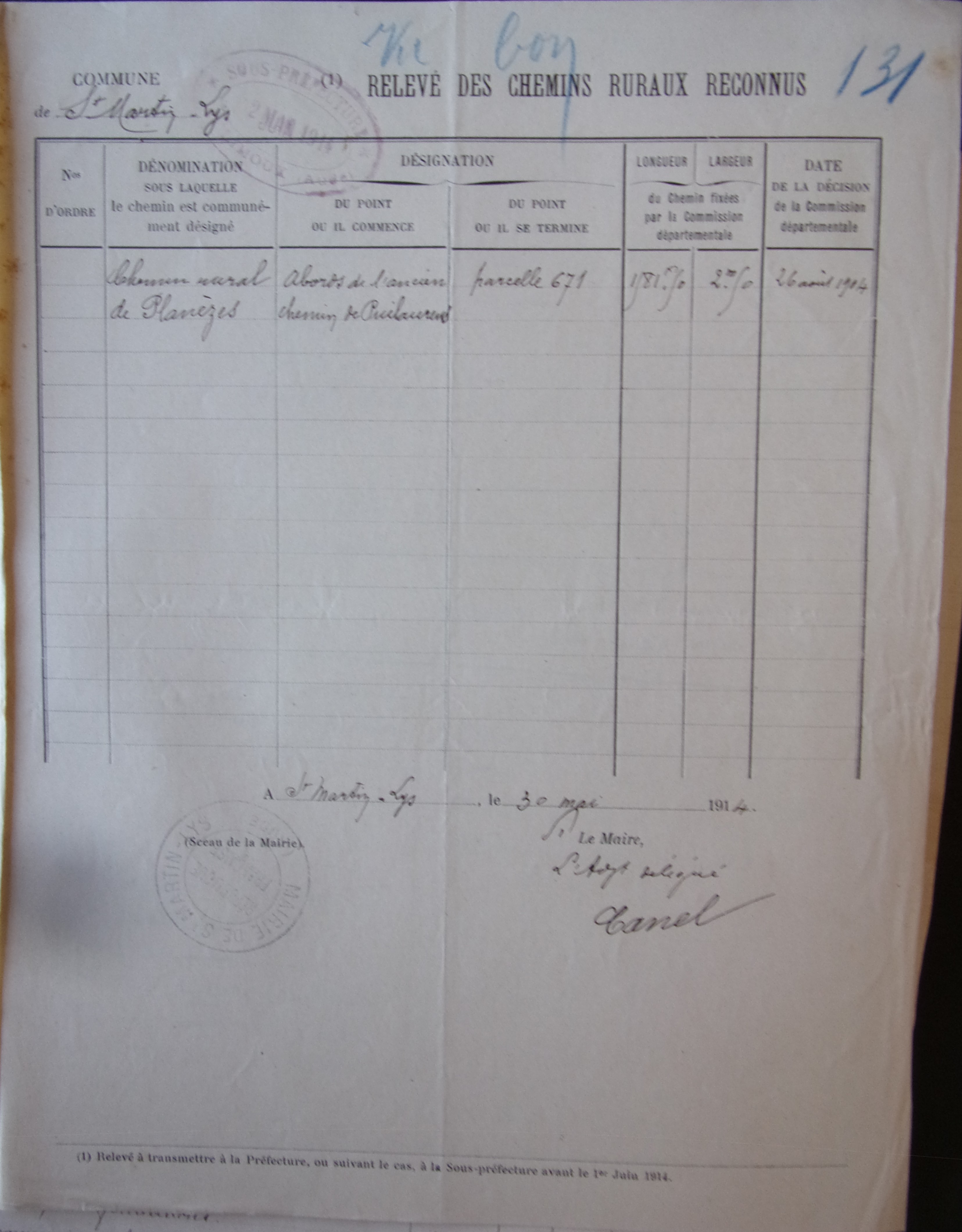 19140530 Relevé des chemins ruraux reconnus Chemin rural de Planèzes 100_8874