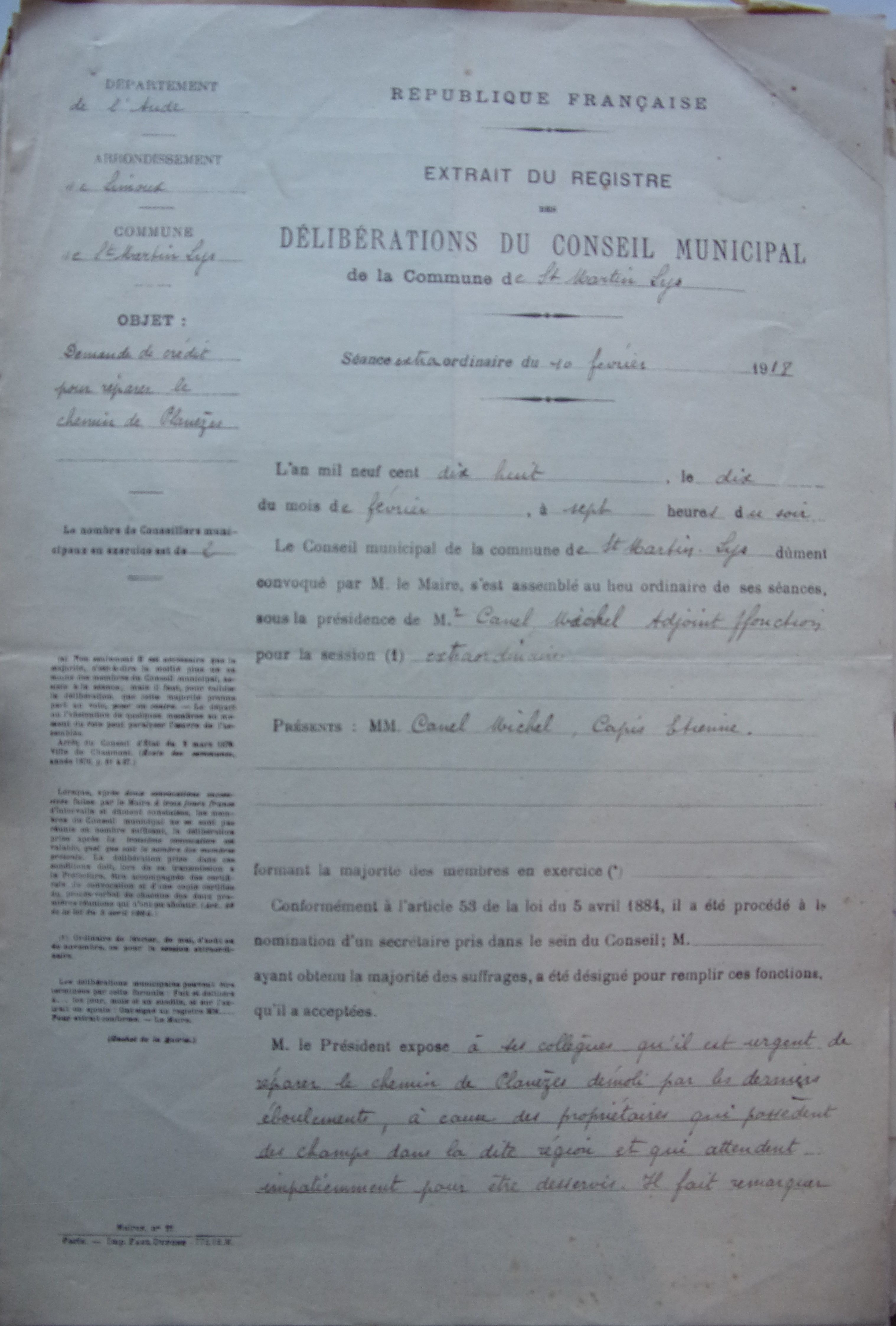 19180210 délibération conseil Demande de crédit pour réparer le chemin de Planèzes p1 100_4715