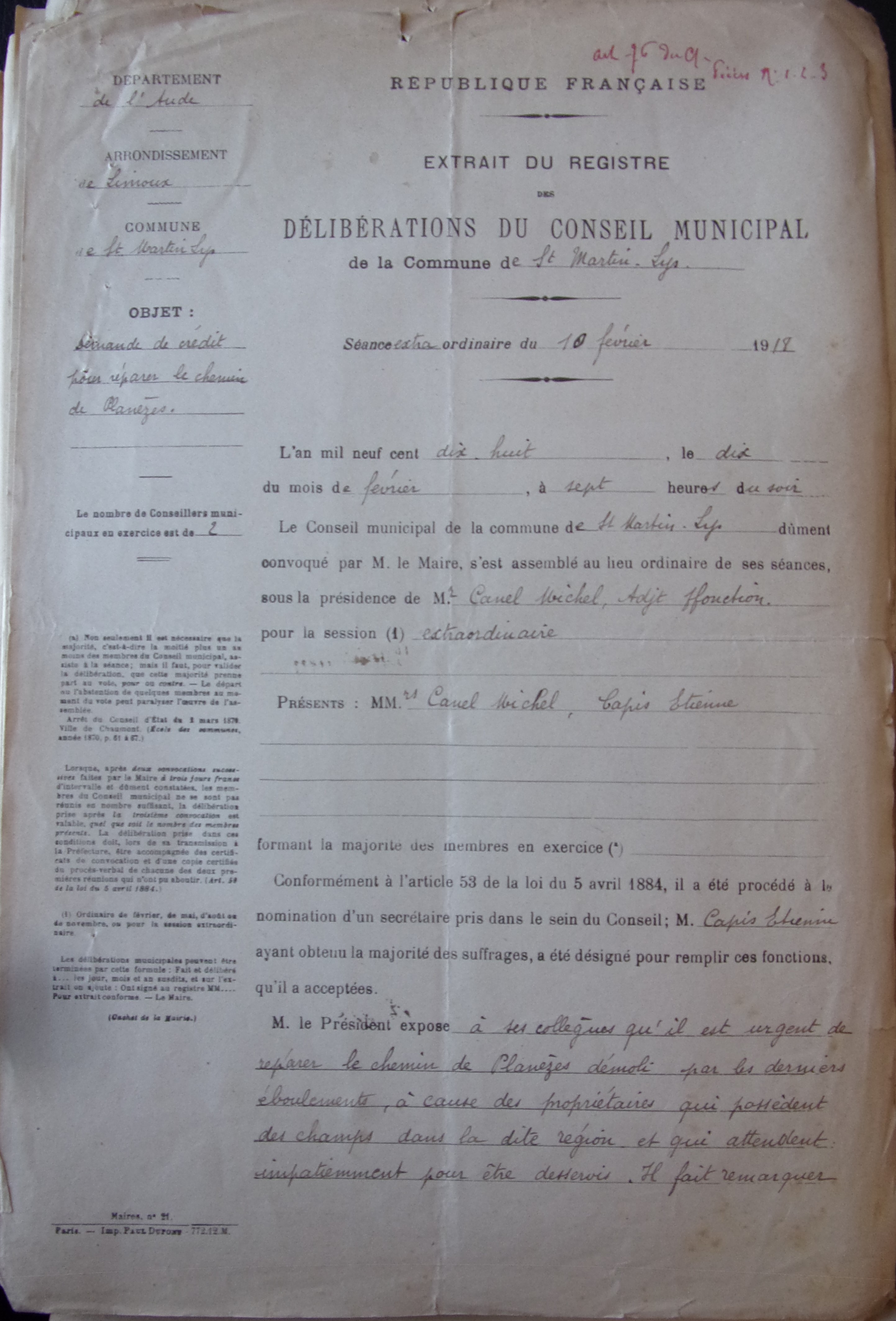 19180210 délibération conseil Demande de crédit pour réparer le chemin de Planèzes p1 100_8988