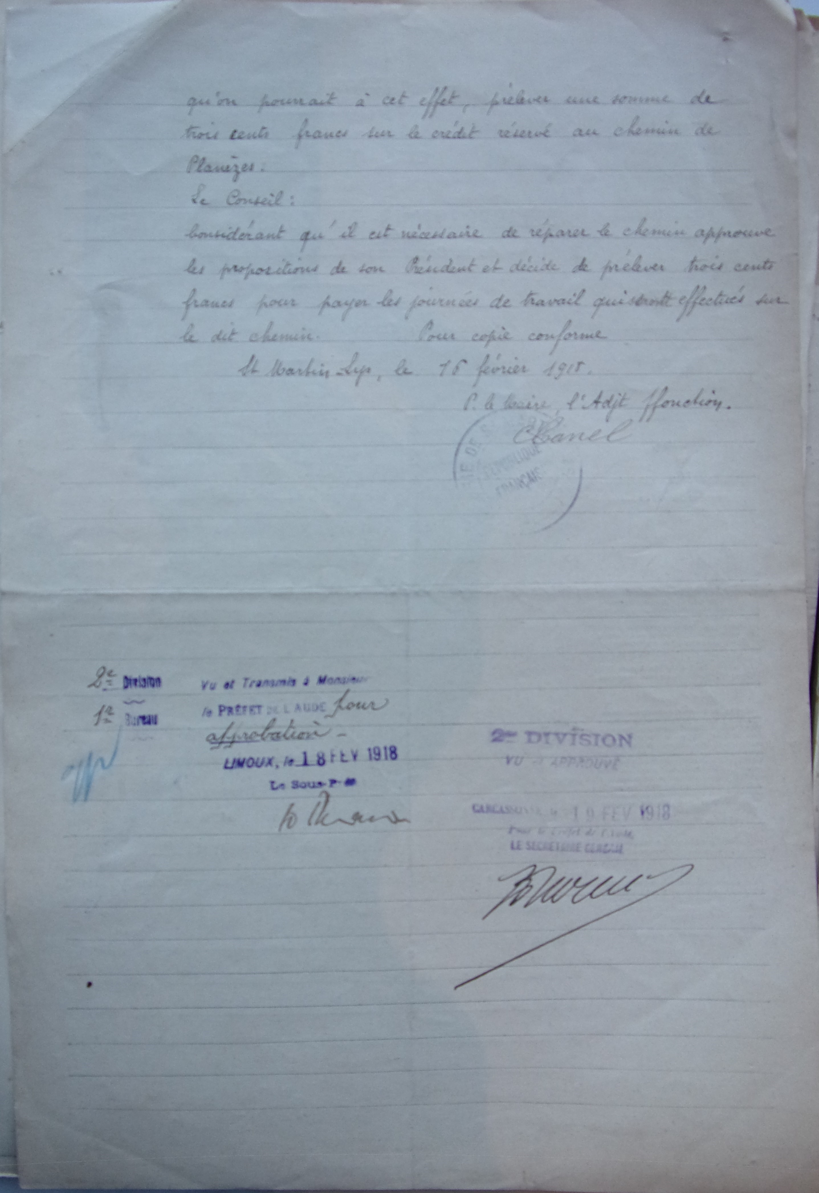 19180210 délibération conseil Demande de crédit pour réparer le chemin de Planèzes p2 100_4716