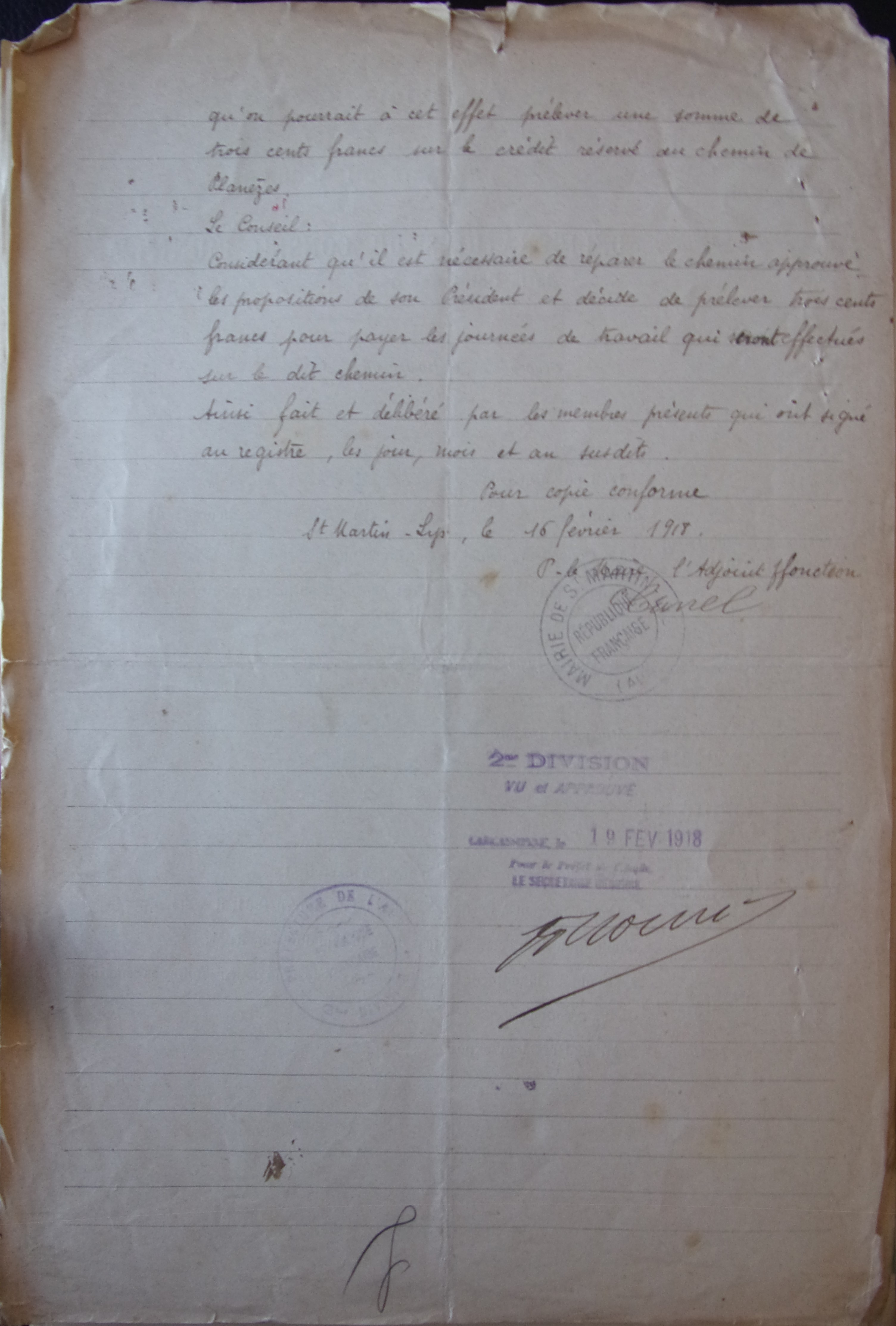 19180210 délibération conseil Demande de crédit pour réparer le chemin de Planèzes p2 100_8989