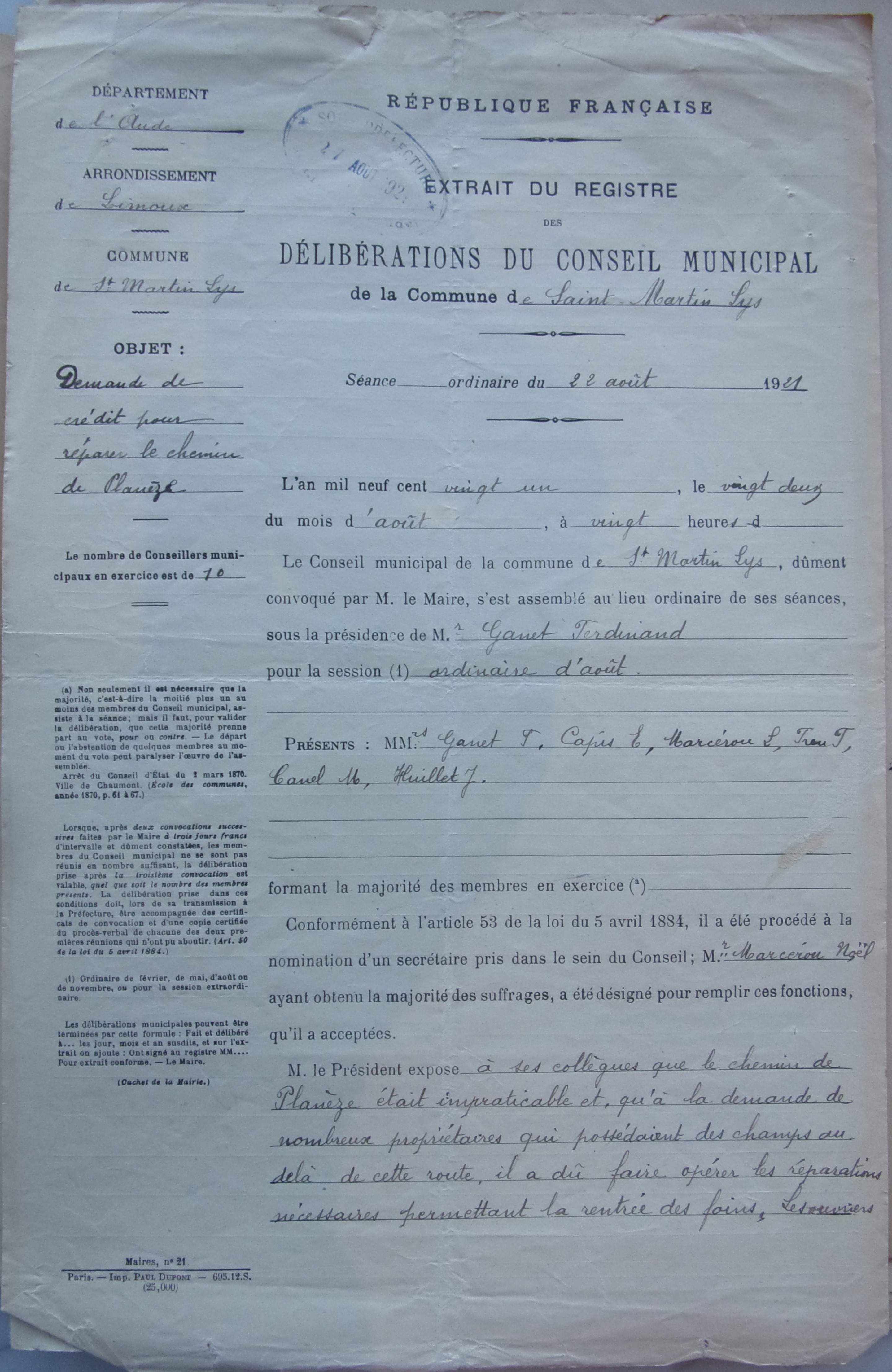 19210822 délibération conseil Demande de crédit pour réparer le chemin de Planèze p1 100_4916