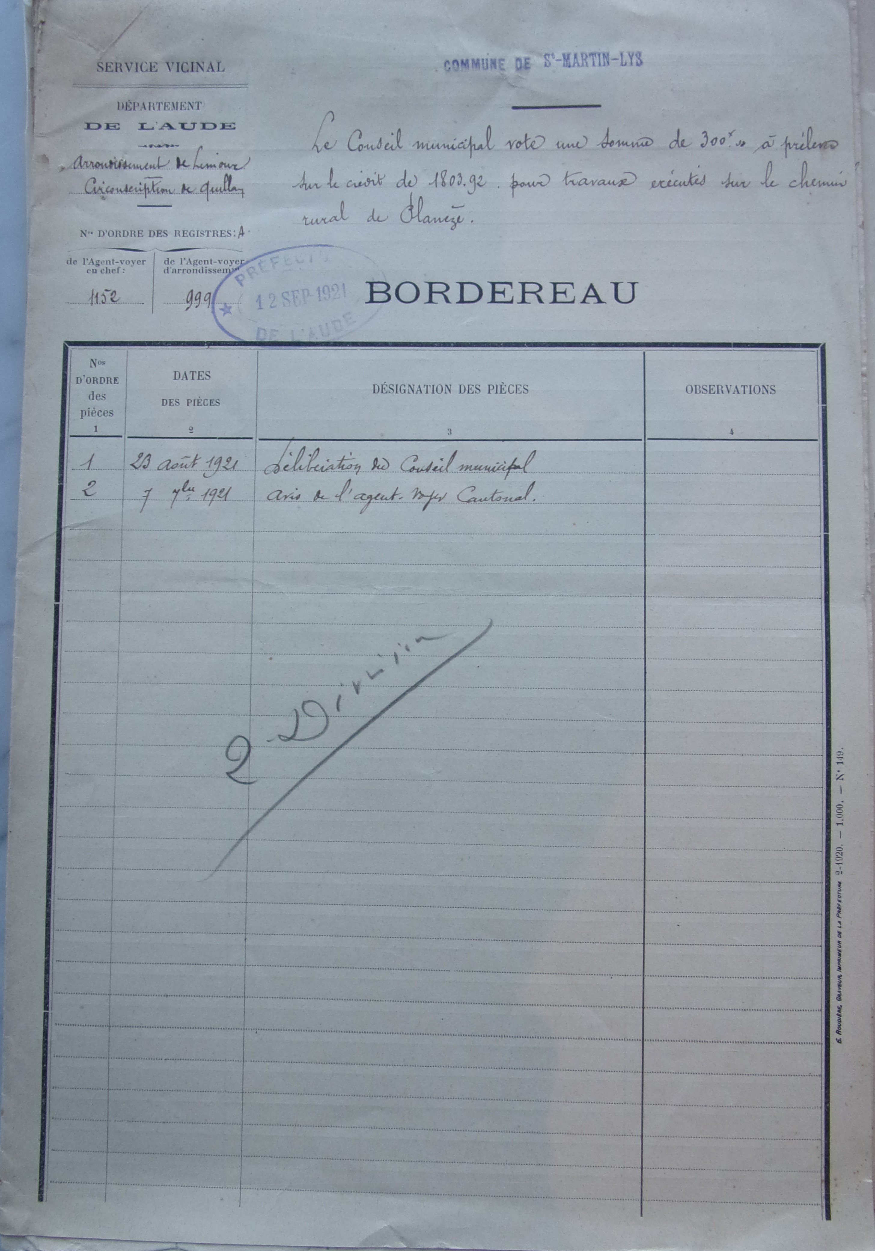 19210912 Bordereau 2°division vote de 300 F sur le crédit du chemin rural de Planèze 100_4914