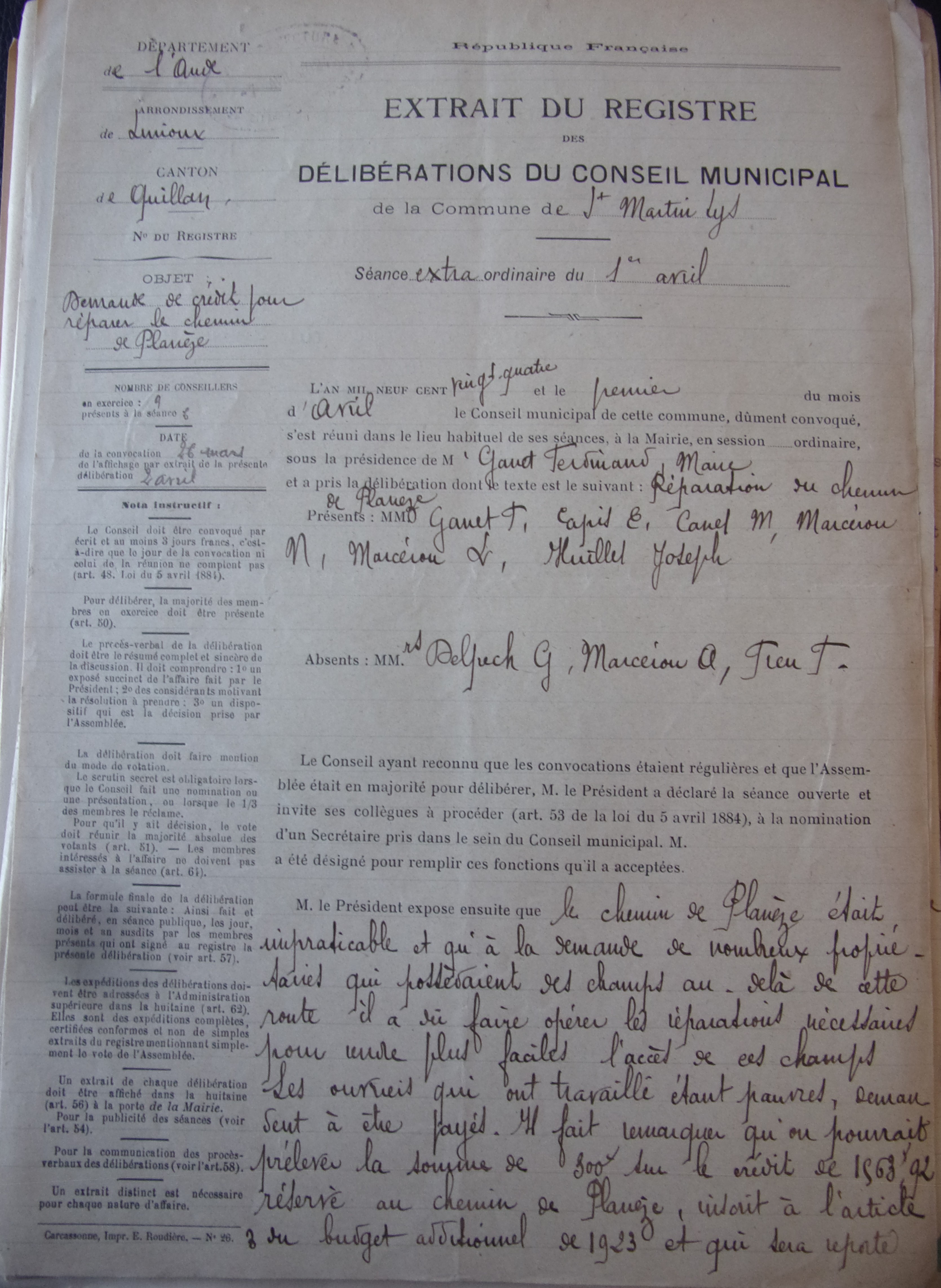 19240401 délibération conseil Demande de crédit pour réparer le chemin de planèze p1 100_8999