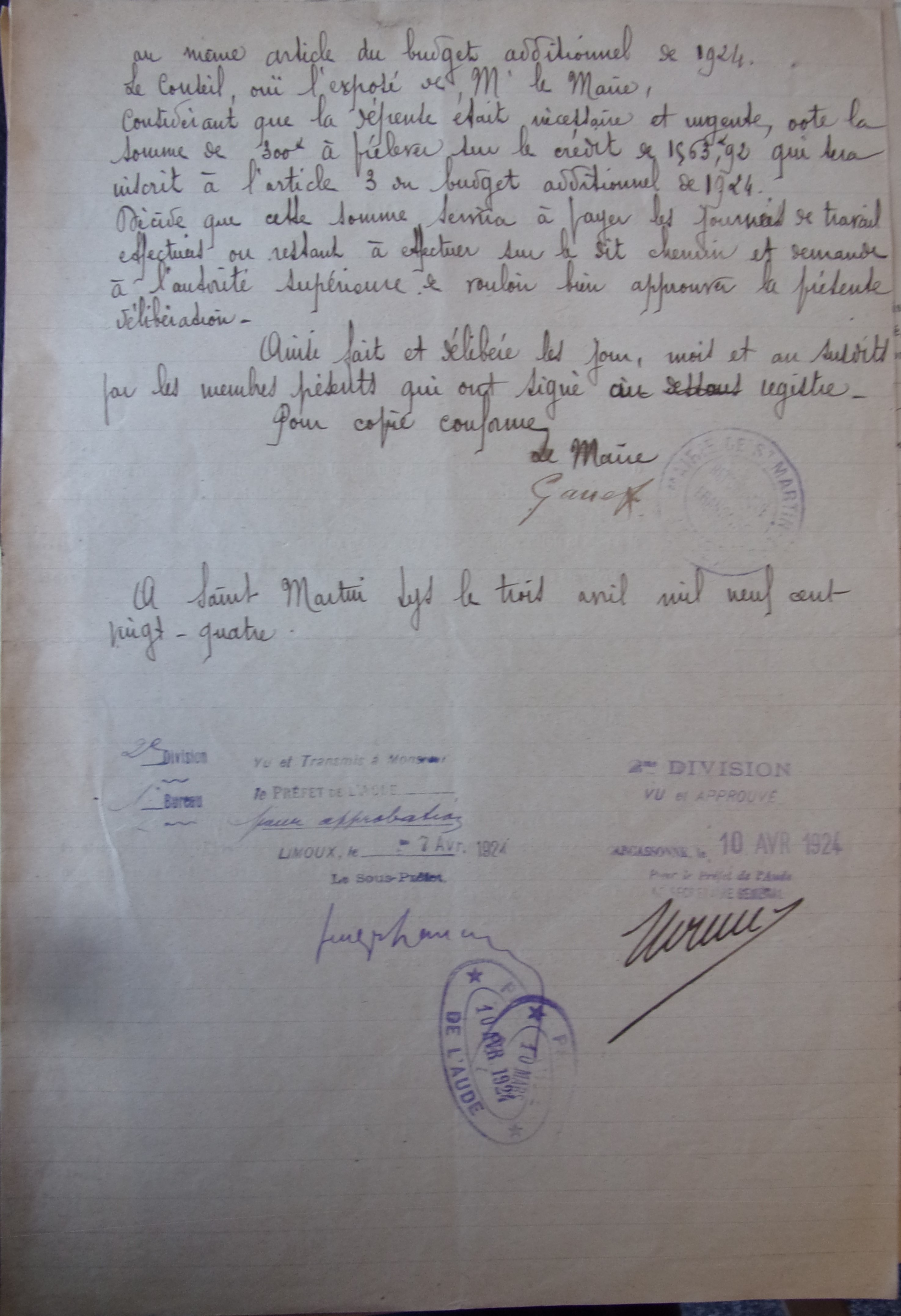 19240401 délibération conseil Demande de crédit pour réparer le chemin de planèze p2 100_9001