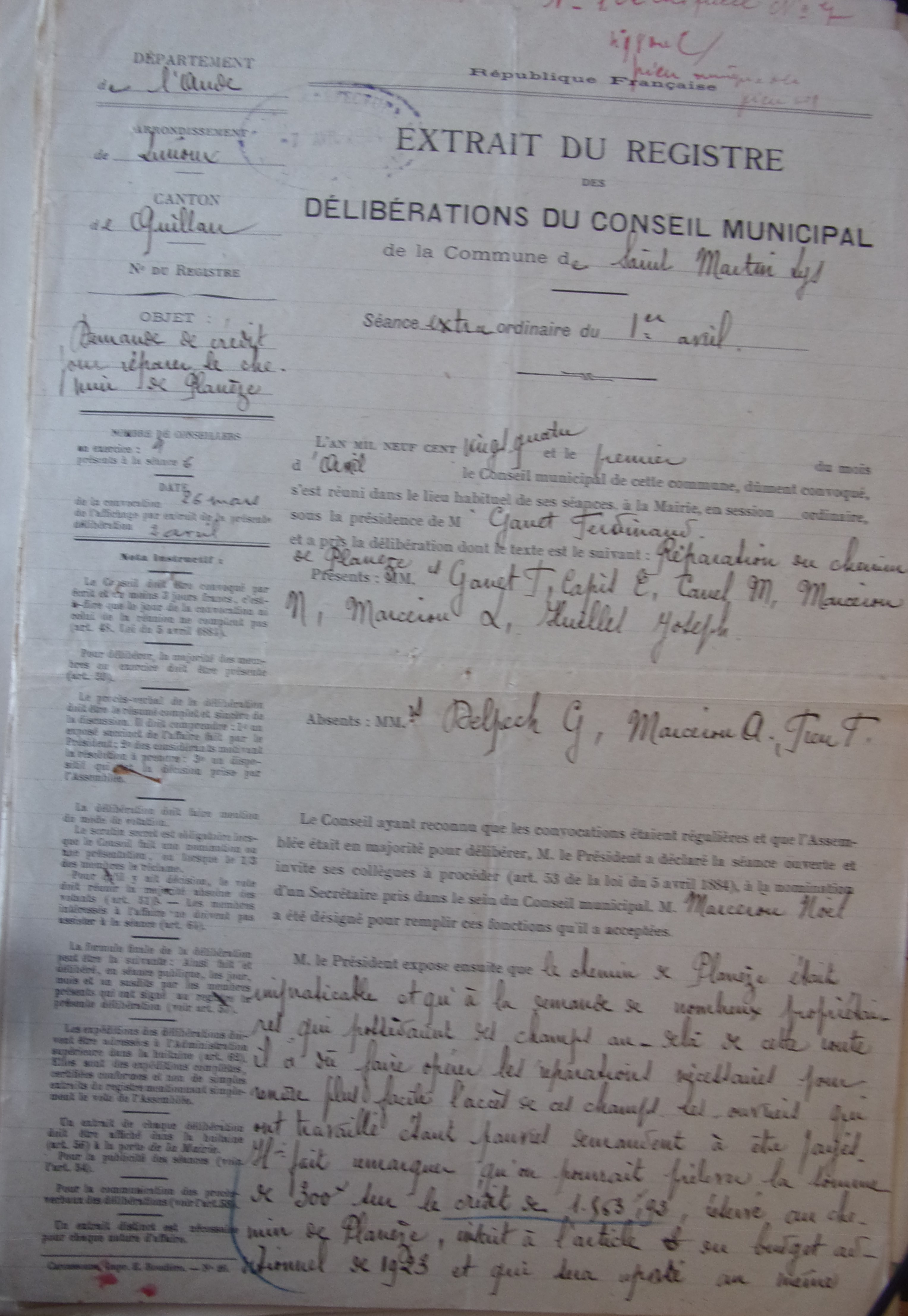 19240401 délibération conseil Demande de crédit pour réparer le chemin de planèze pd1 100_9004
