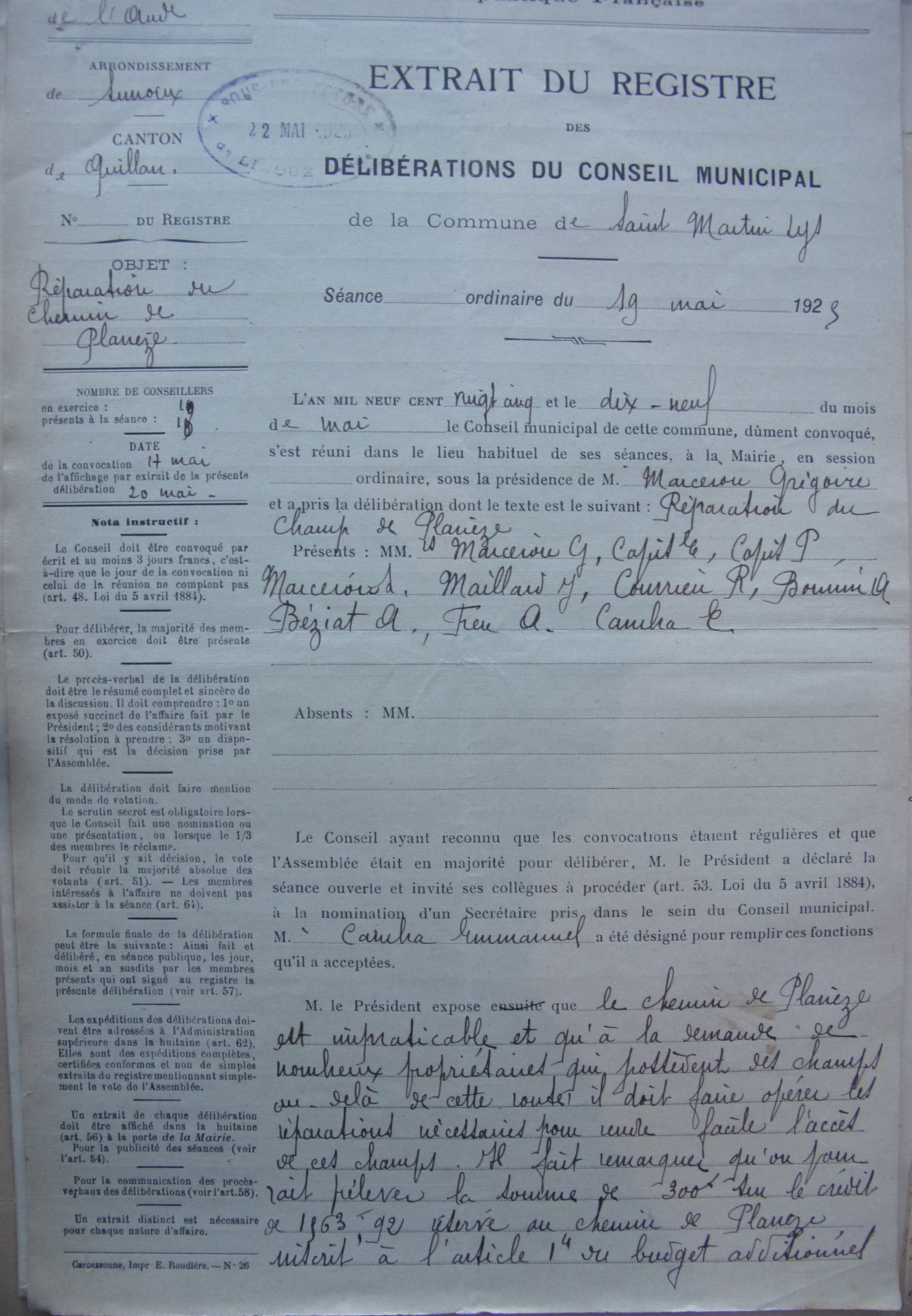 19250519 délibération conseil Réparation du chemin de Planèze p1 100_4656