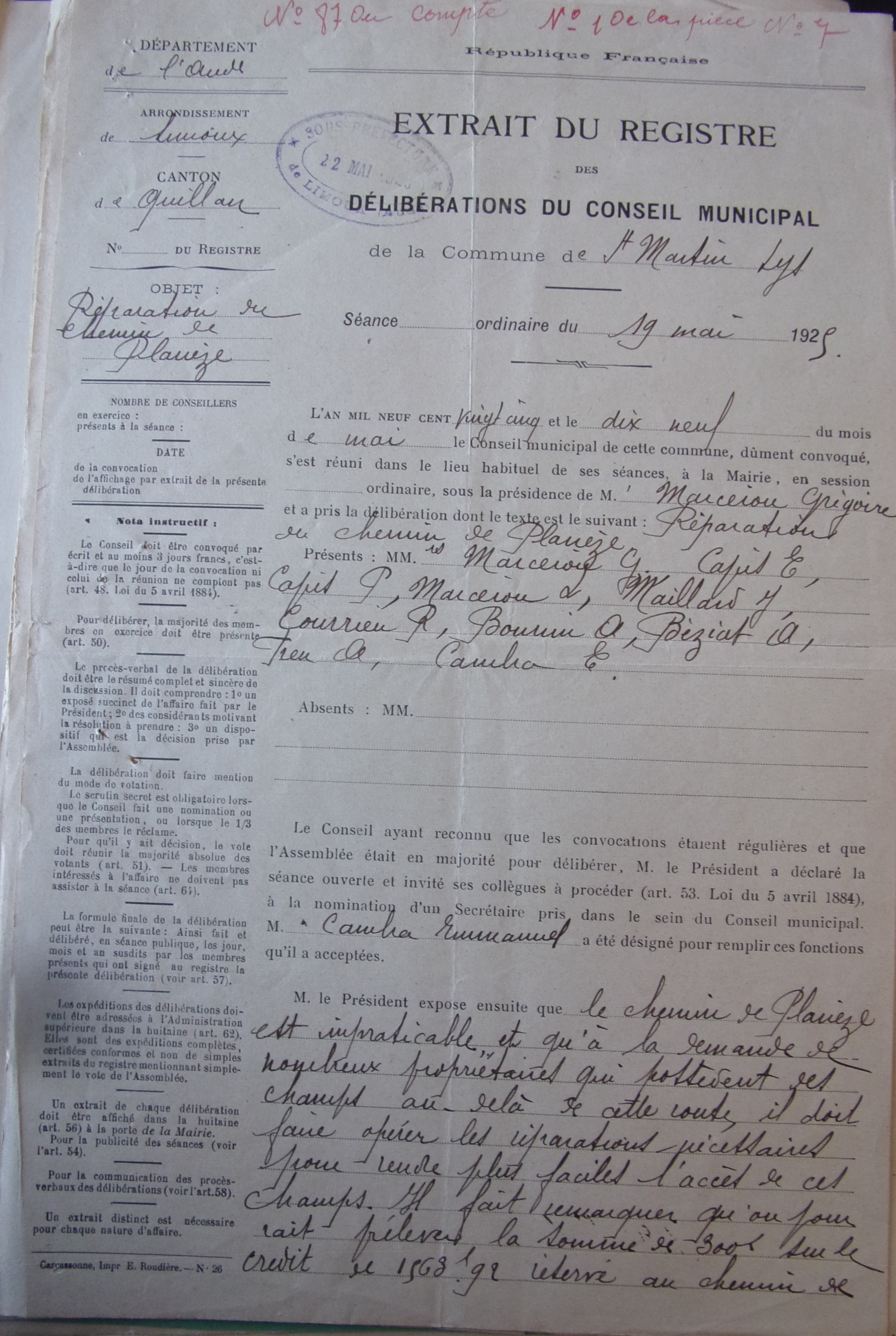 19250519 délibération conseil Réparation du chemin de planèze p1 100_9006