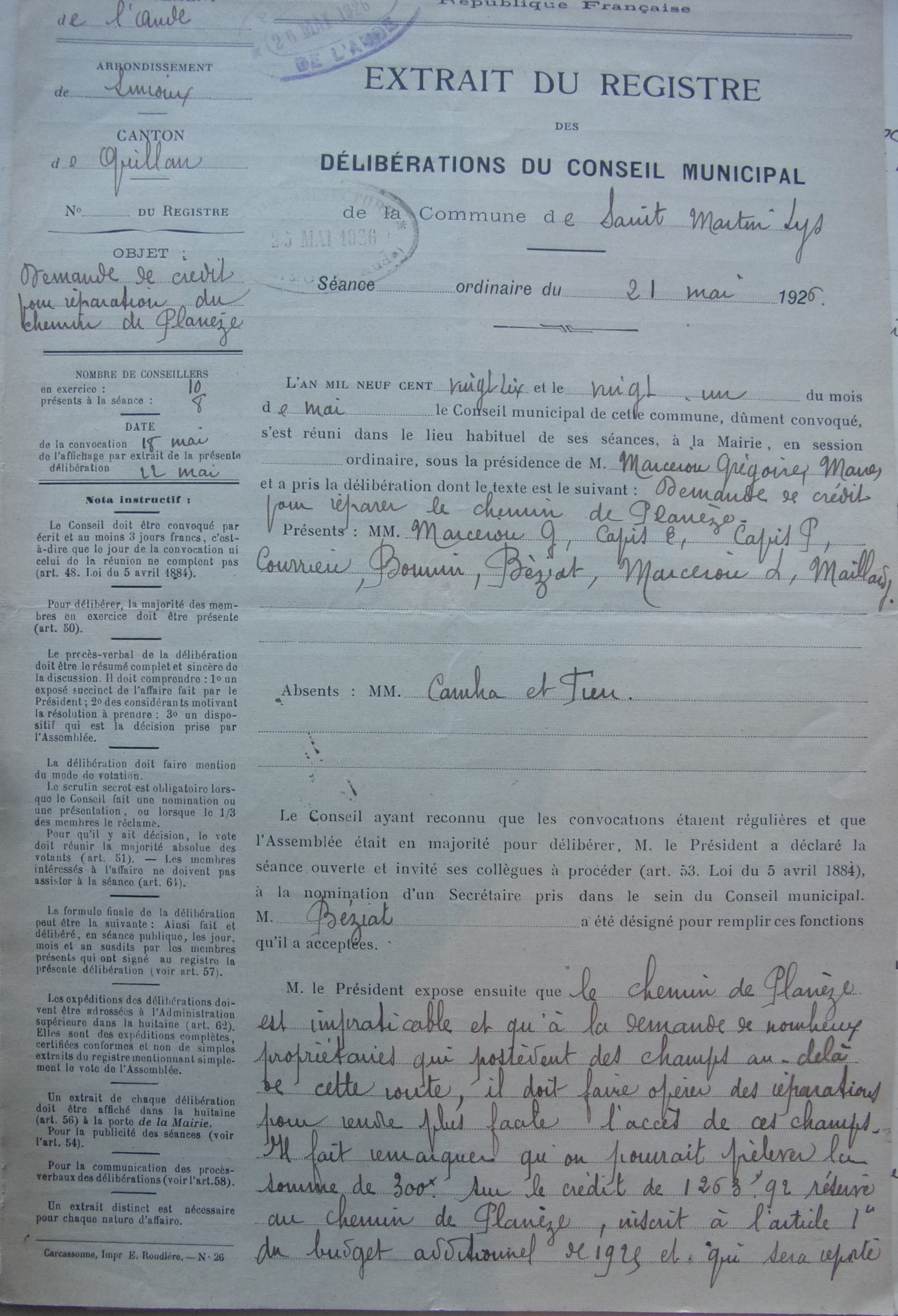 19260521 délibération conseil Demande de crédit pour réparation du chemin de Planèze p1 100_4642