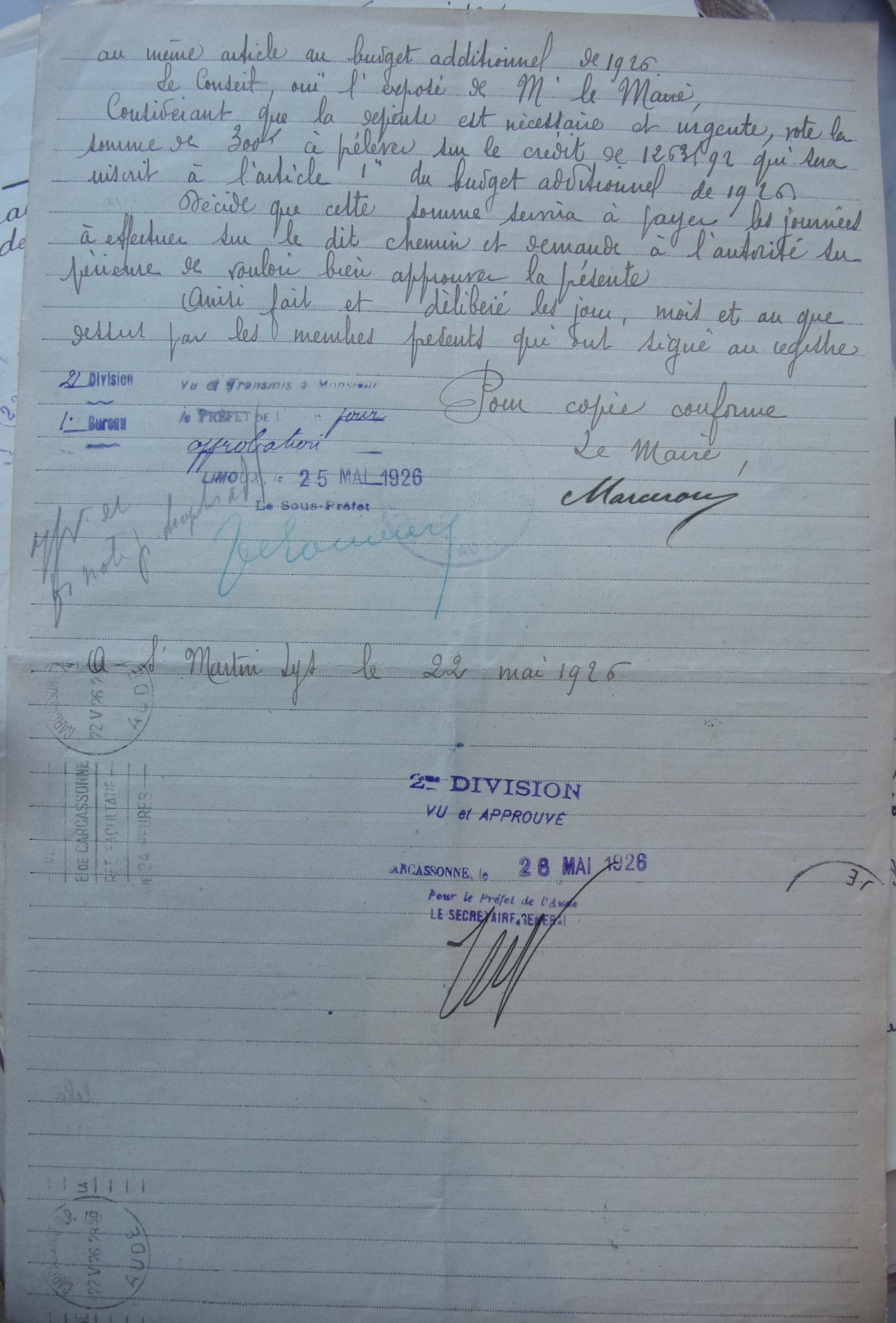 19260521 délibération conseil Demande de crédit pour réparation du chemin de Planèze p2 100_4643