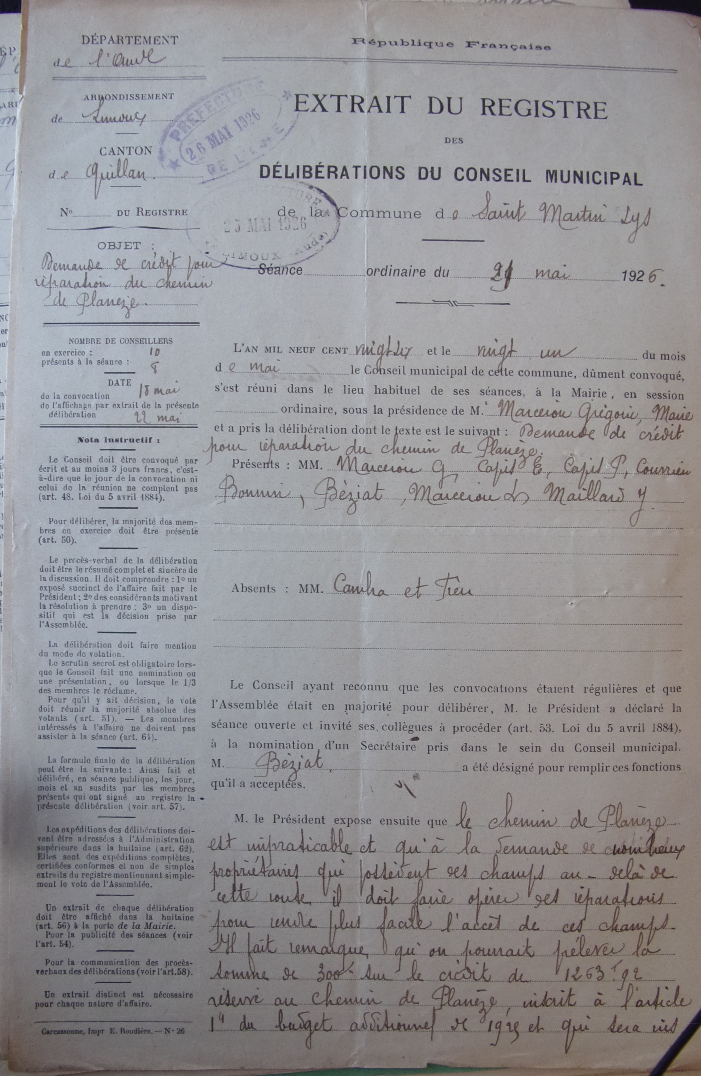 19260521 délibération conseil Demande de crédit pour réparation du chemin de planèze p1 100_9013