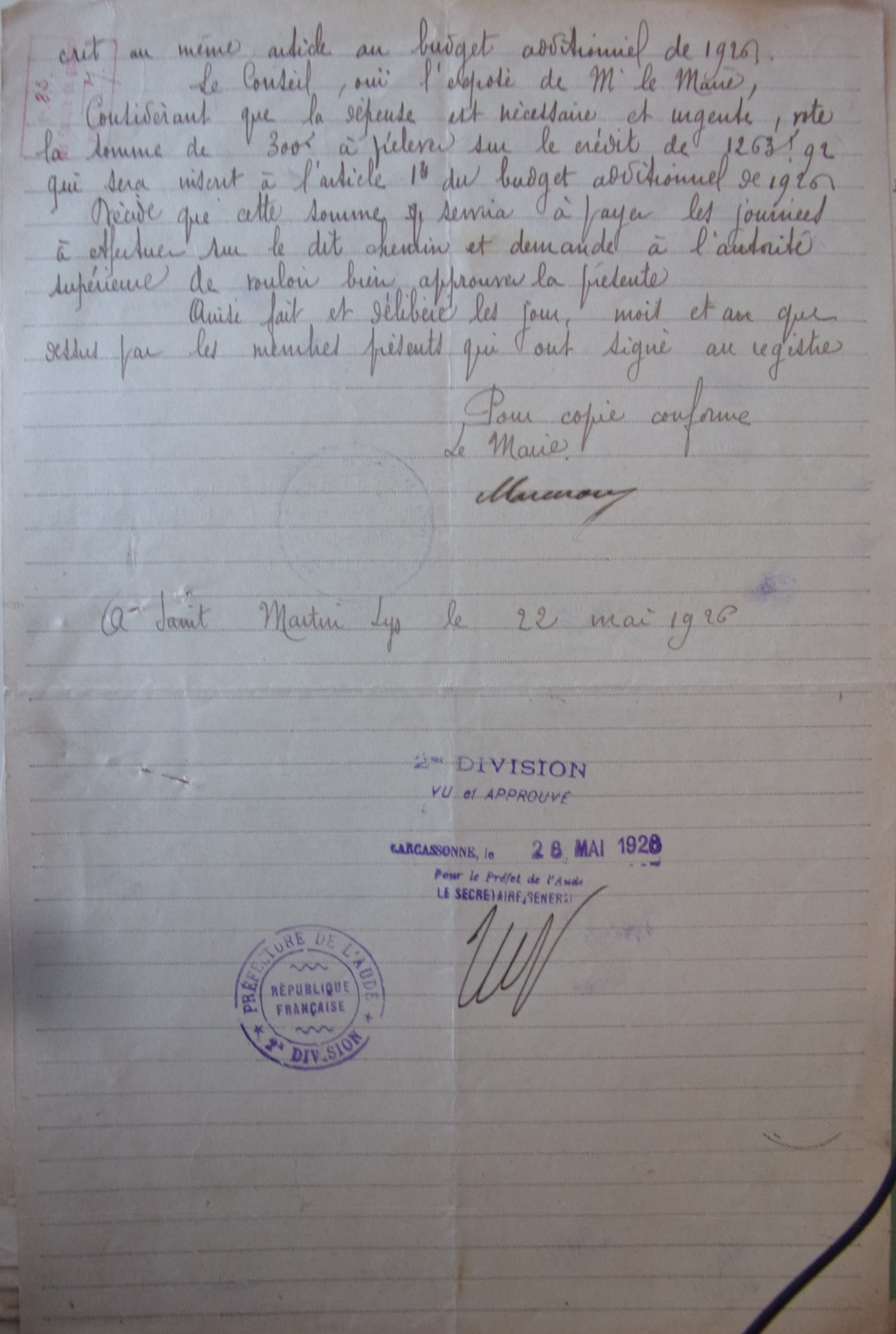 19260521 délibération conseil Demande de crédit pour réparation du chemin de planèze p2 100_9014