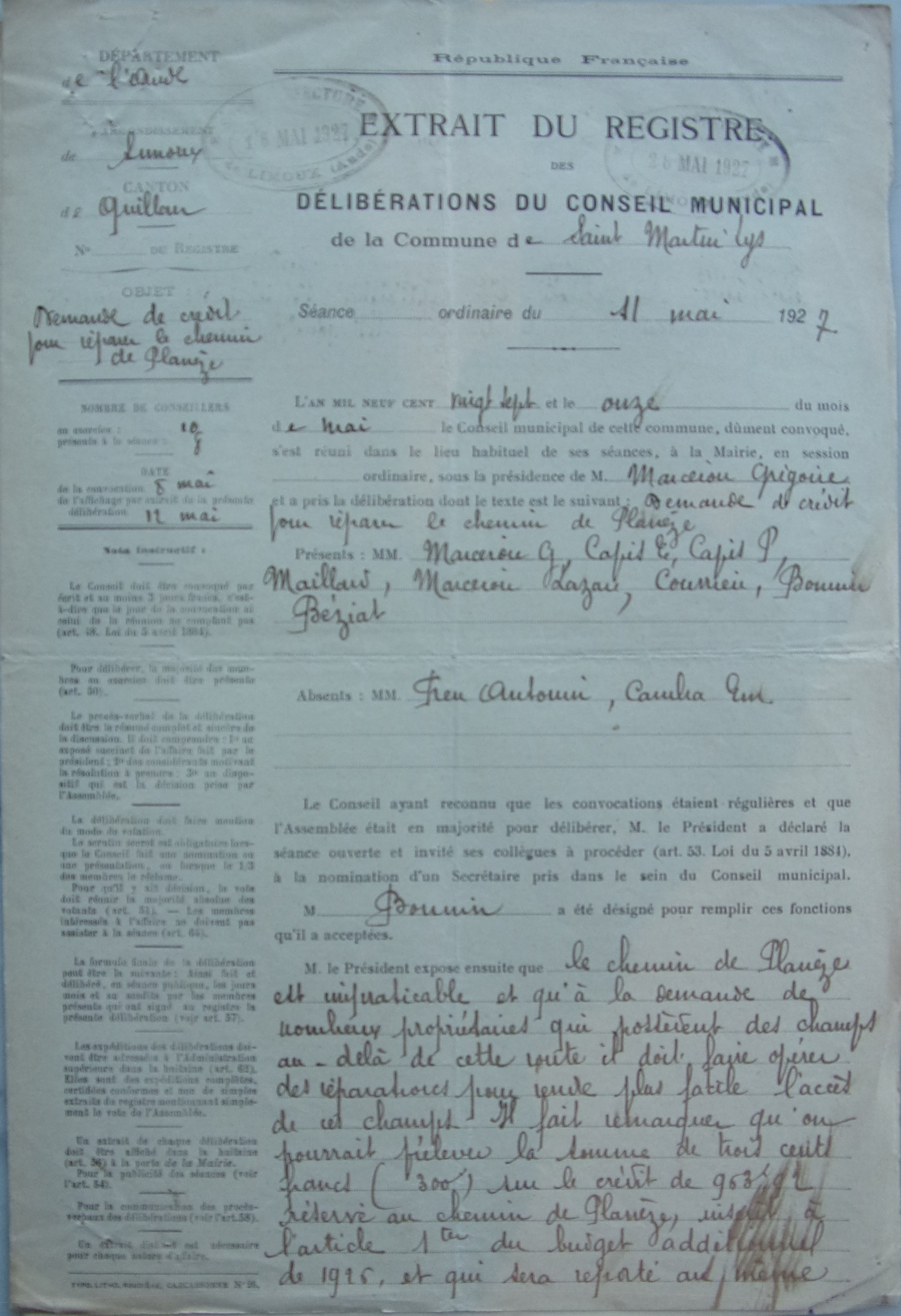 19270511 délibération conseil demande de crédit pour réparer le chemin de Planèze p1 100_5860
