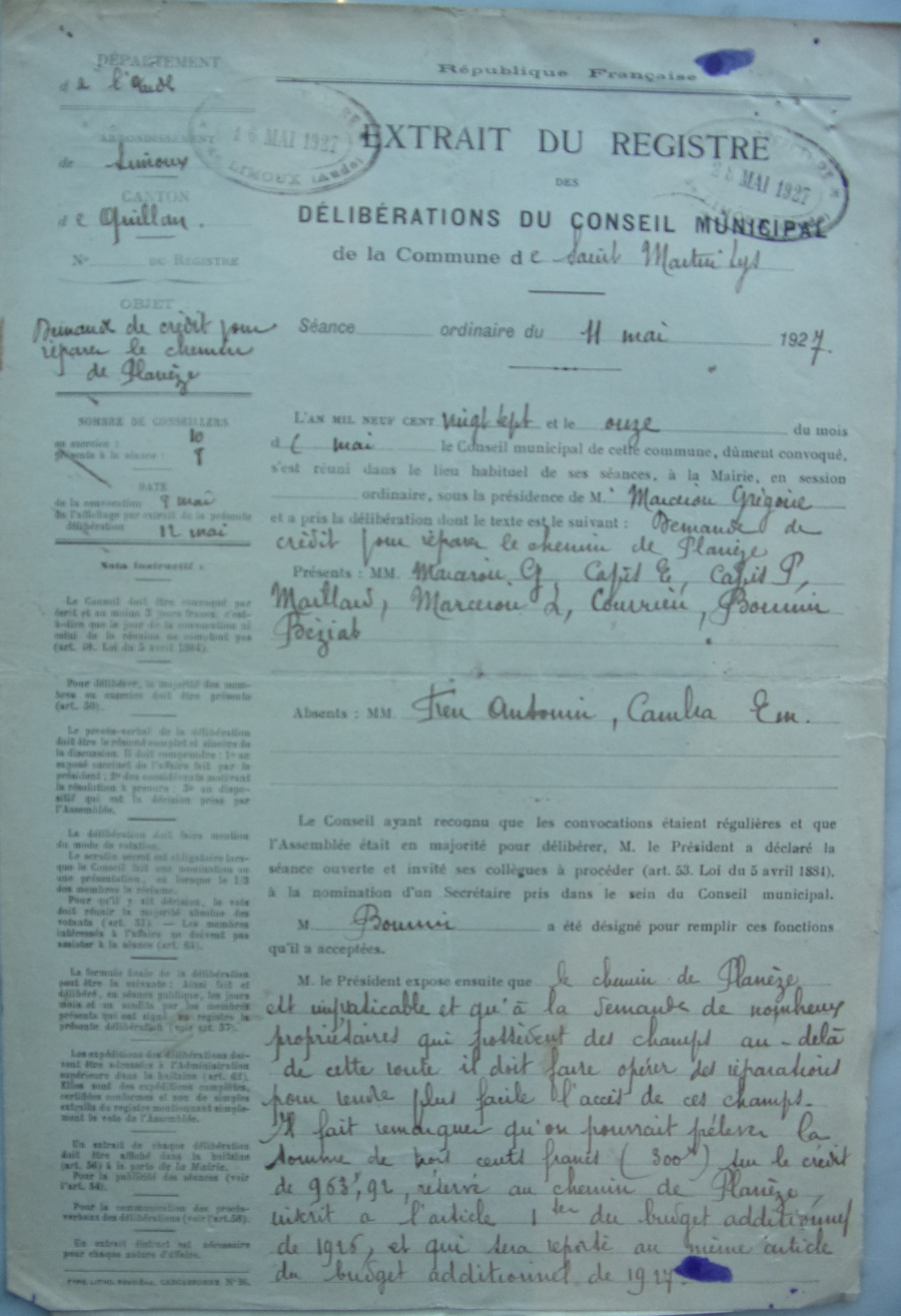 19270511 délibération conseil demande de crédit pour réparer le chemin de Planèze pd1 100_5863
