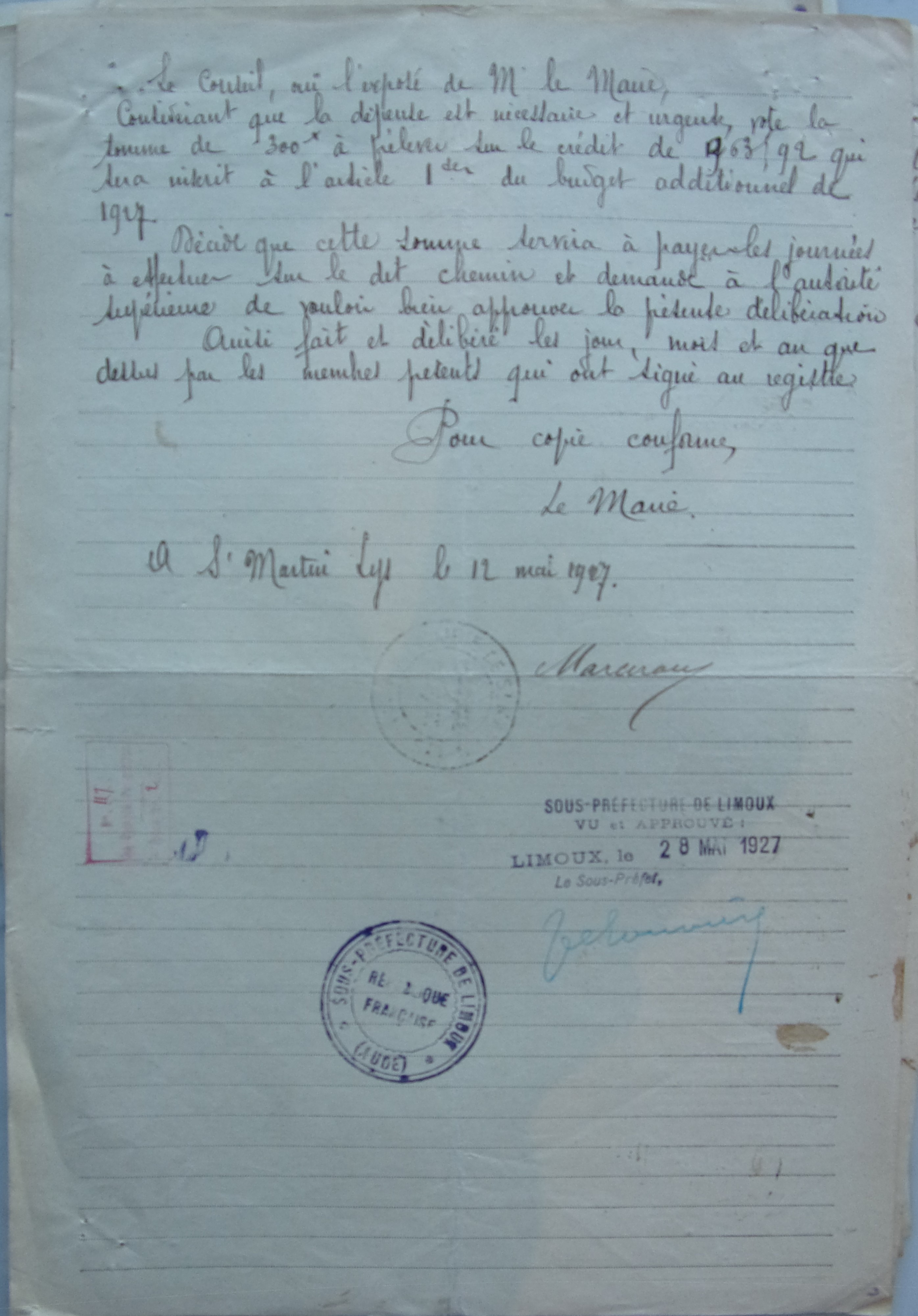 19270511 délibération conseil demande de crédit pour réparer le chemin de Planèze pd2 100_5864