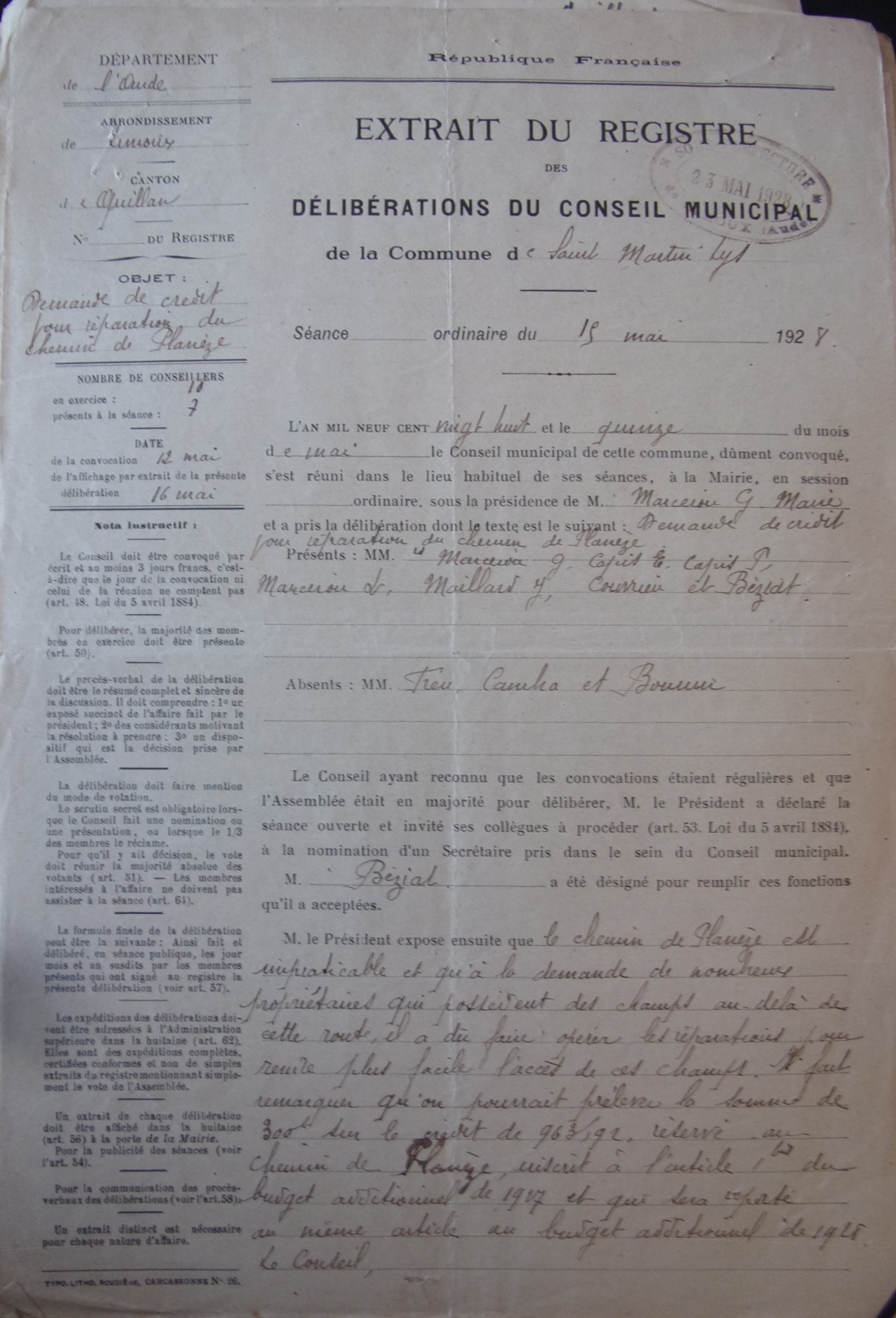 19280515 délibération conseil Demande de crédit pour Réparation du chemin de planèze p1 100_9008
