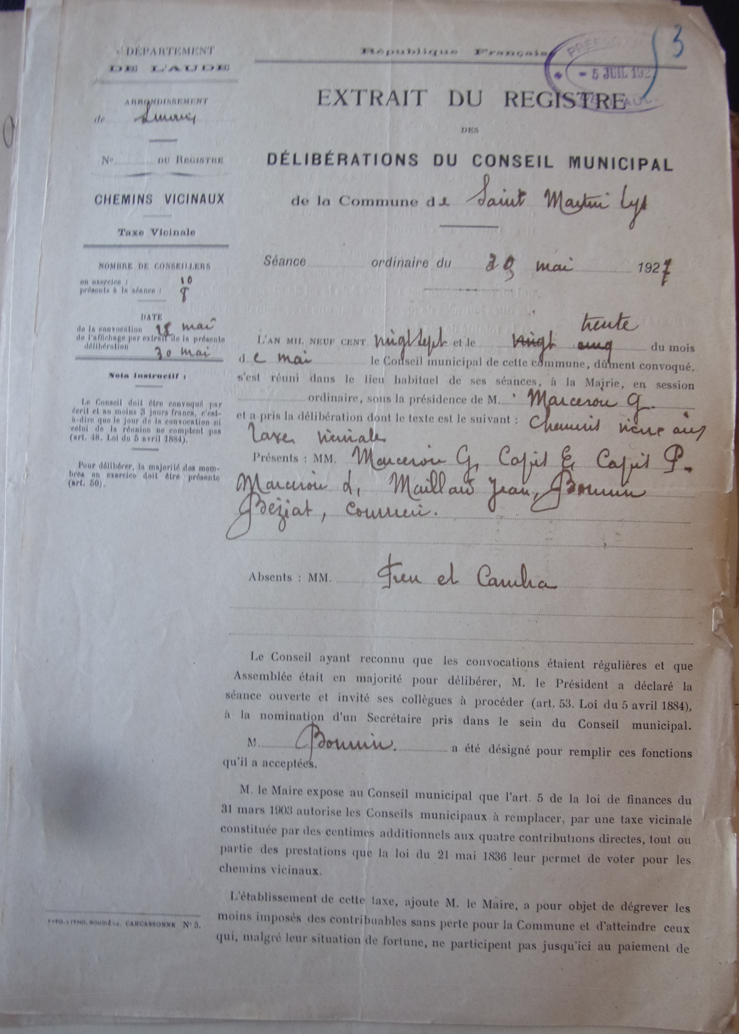 19270530 délibération conseil Taxe pour chemin vicinaux P1 100_9059