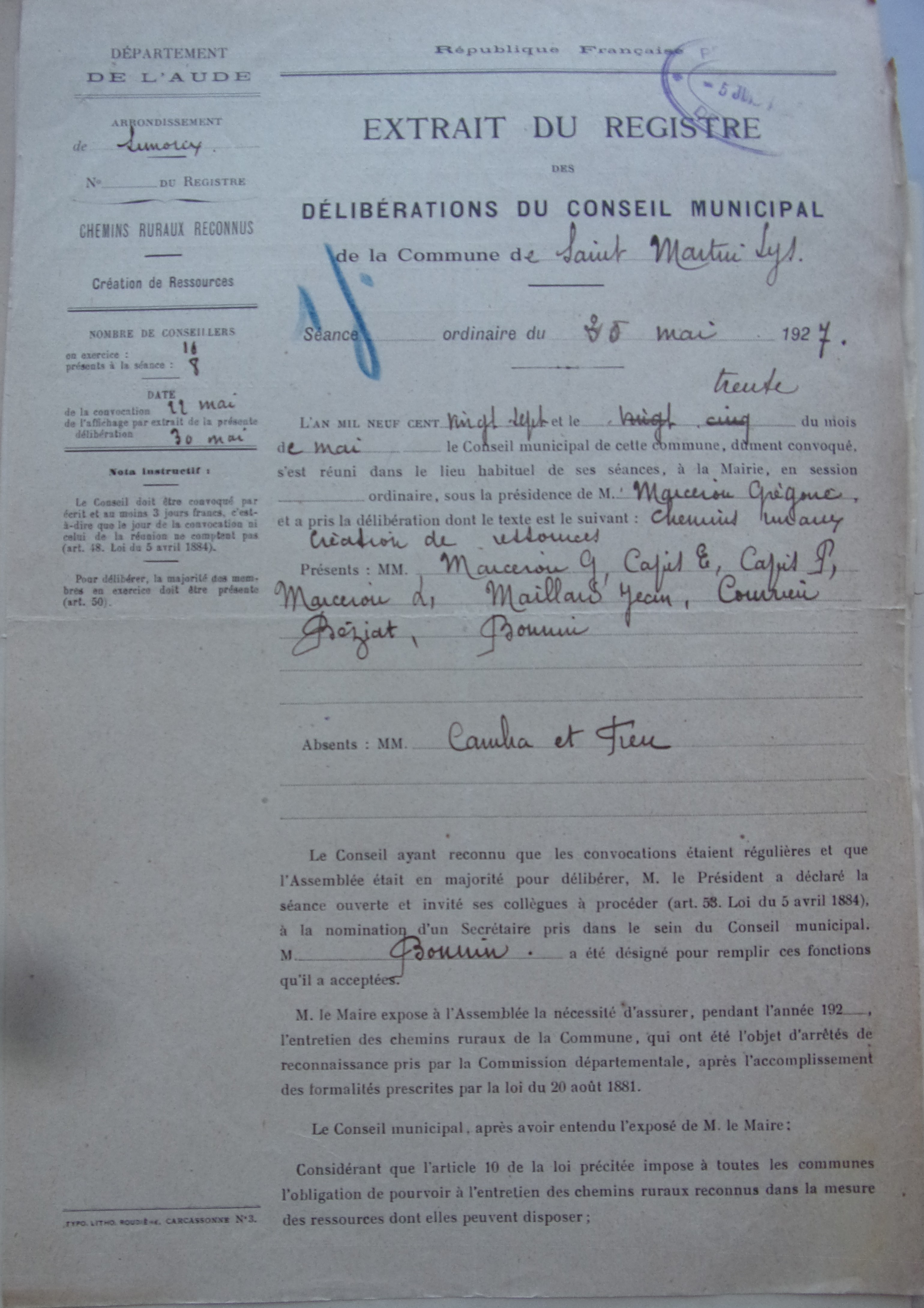 19270530 délibération conseil Taxe pour chemin vicinaux Pd1 100_9063