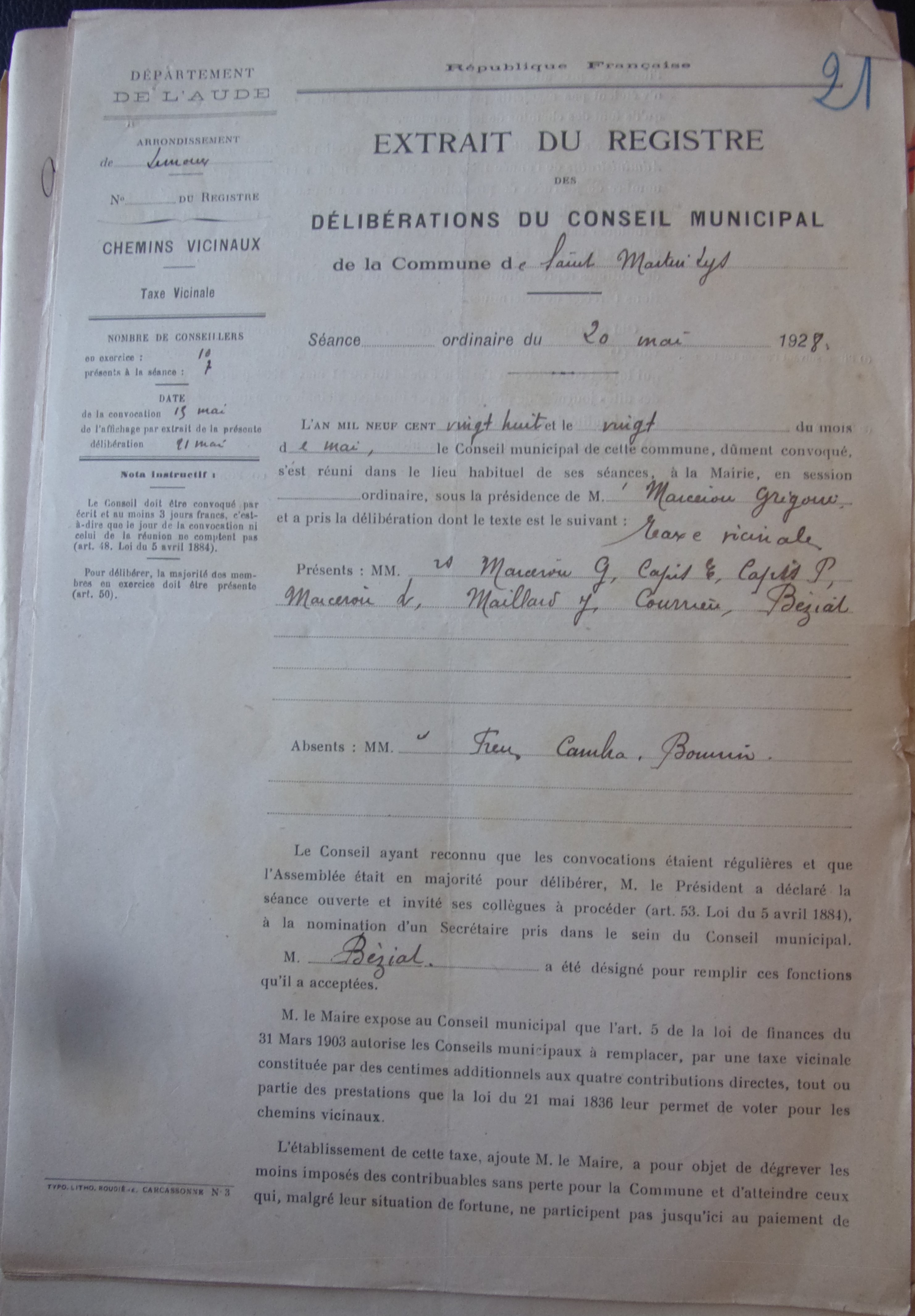 19280520 délibération conseil Taxe pour chemin vicinaux P1 100_9057