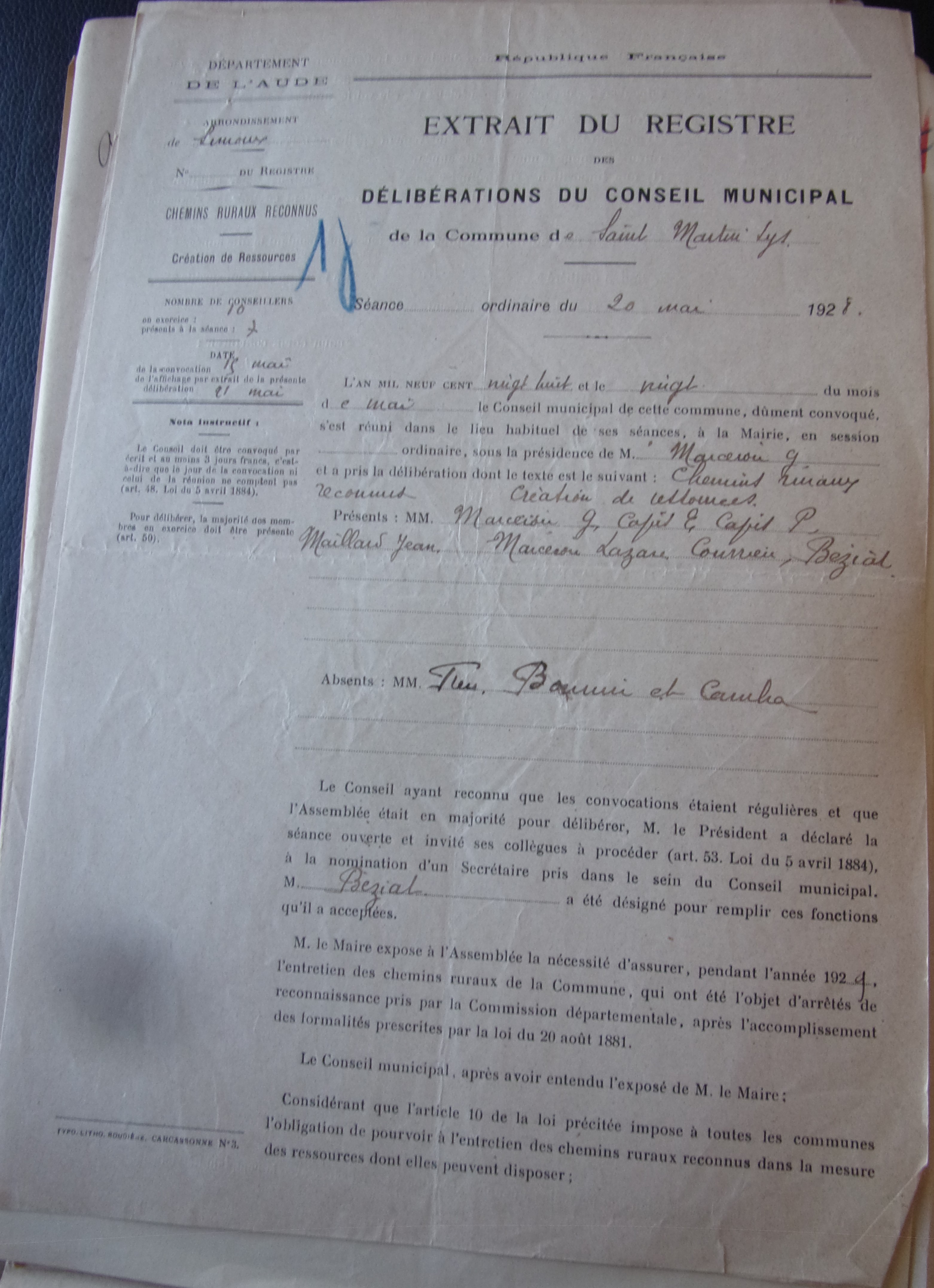 19280520 délibération conseil Taxe pour chemin vicinaux Pd1 100_9061