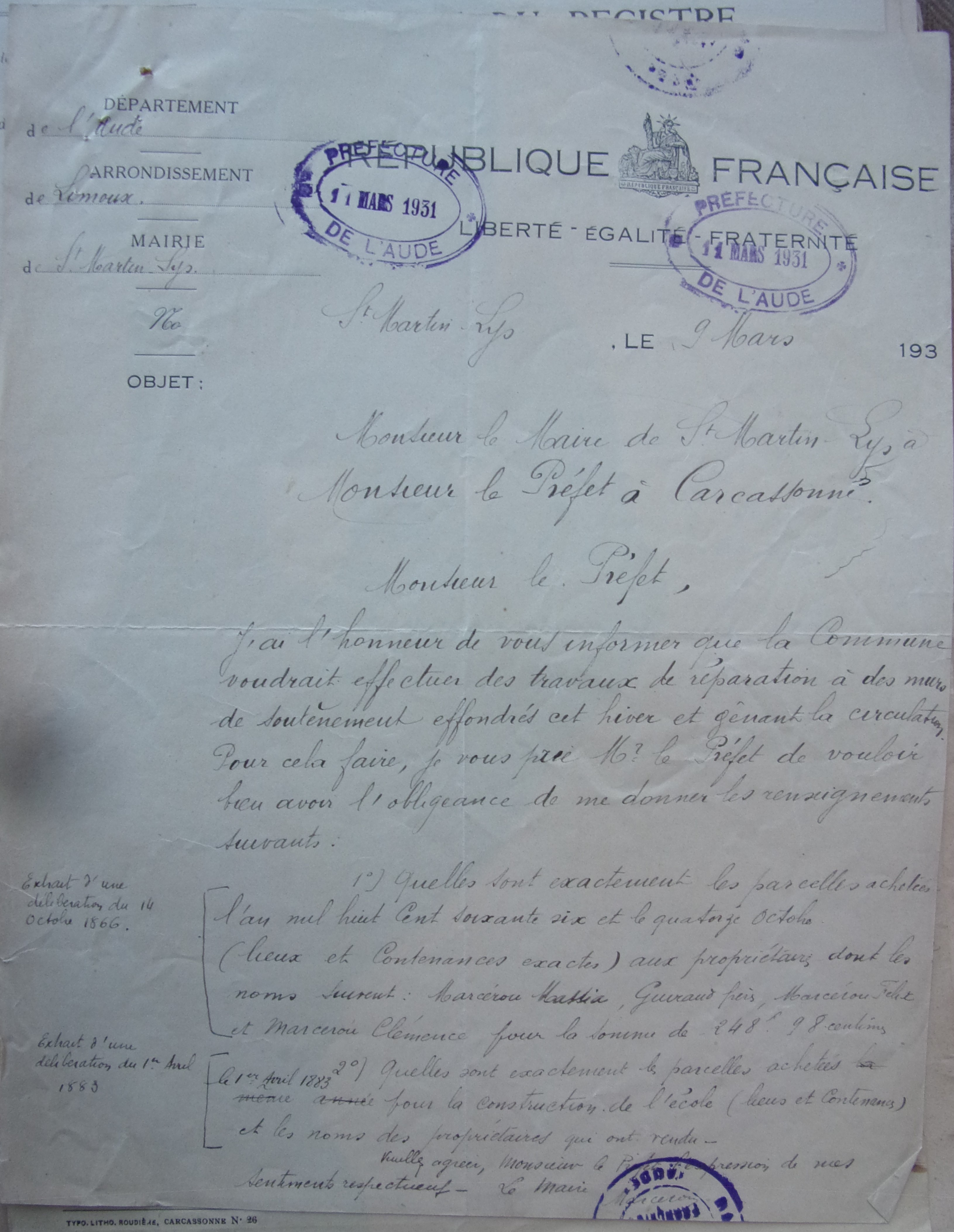 19310309 du maire au préfet pour faire des travaux demande d'information sur terrains achetés en 1866 et 1883 100_4614