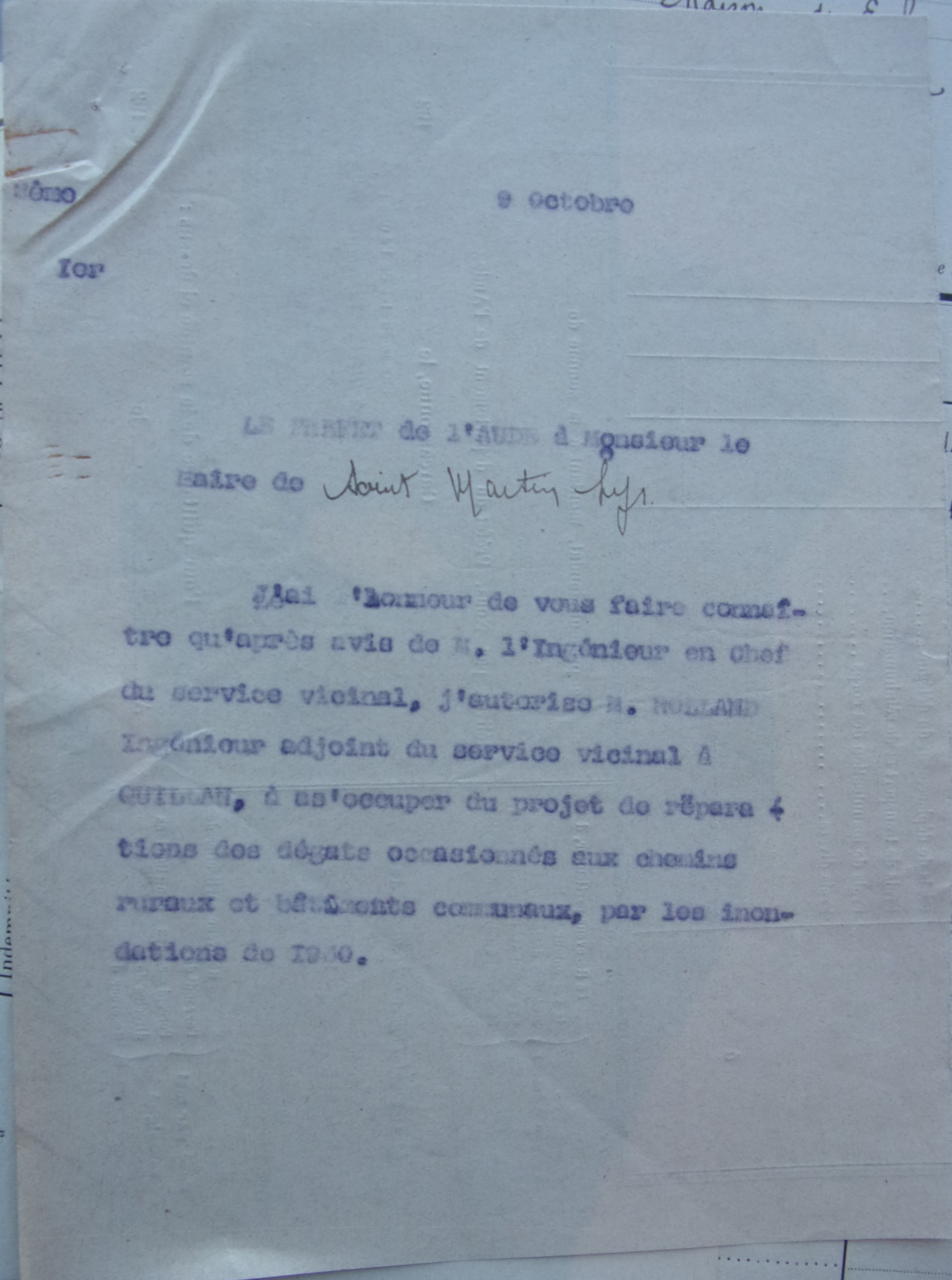 19311009 Préfet à Maire réparation des chemins ruraux et batiments communaux suite innondation 1930 100_5050