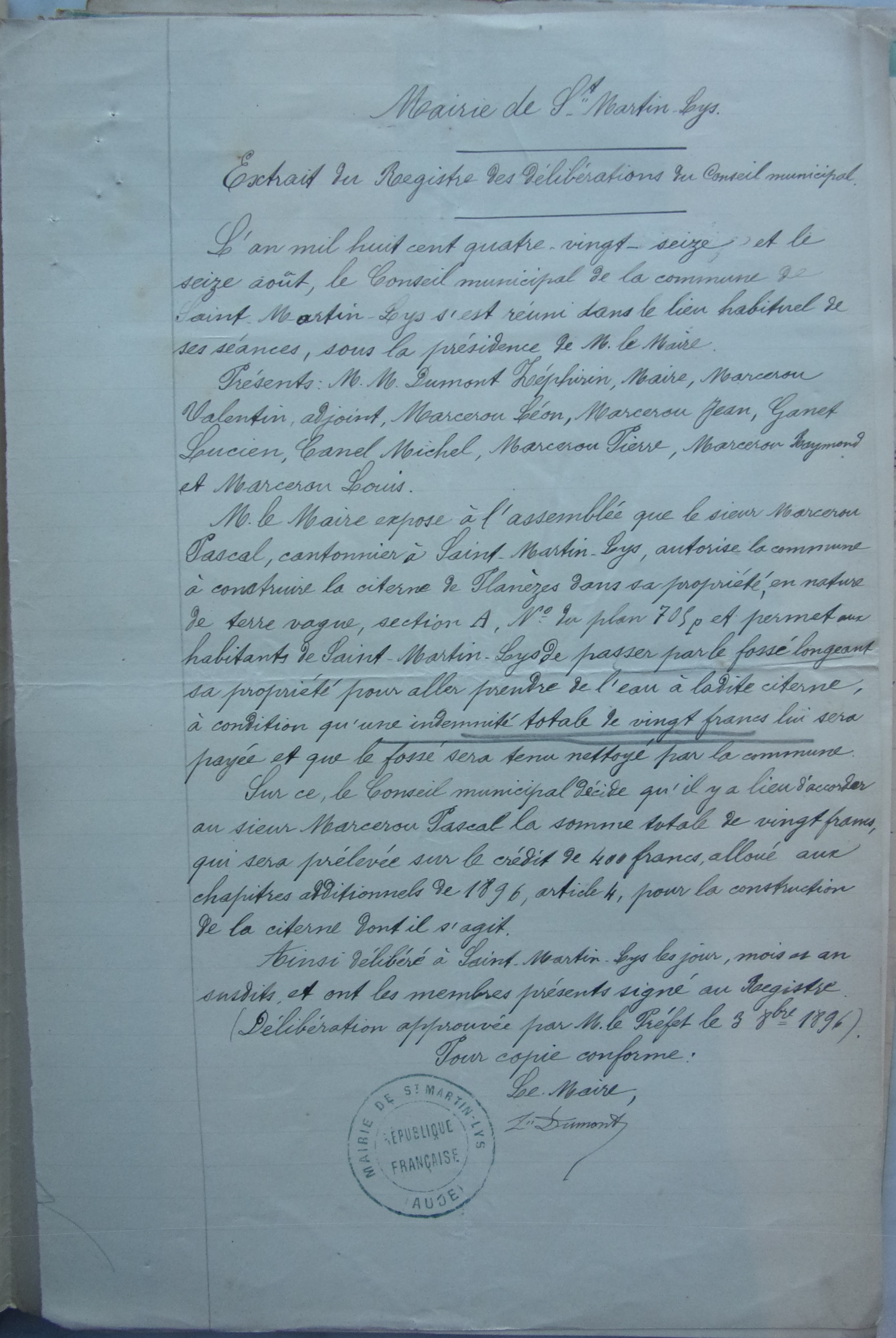 16 août 1896 - Délibération du Conseil Municipal - Construction d'une citerne à Planèzes v1