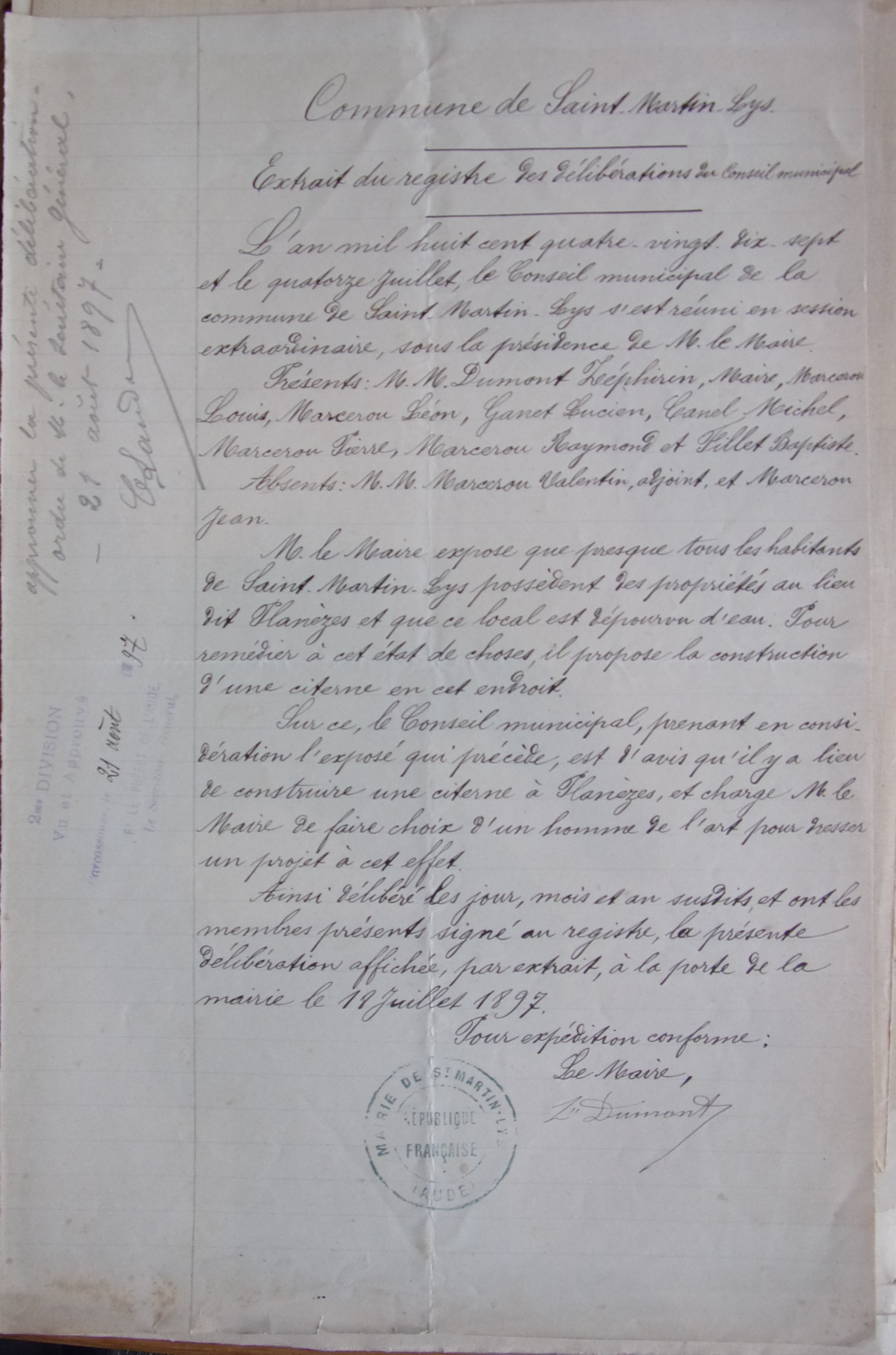 14 juillet 1897 - Délibération du Conseil Municipal - Construction d'une citerne à Planèzes