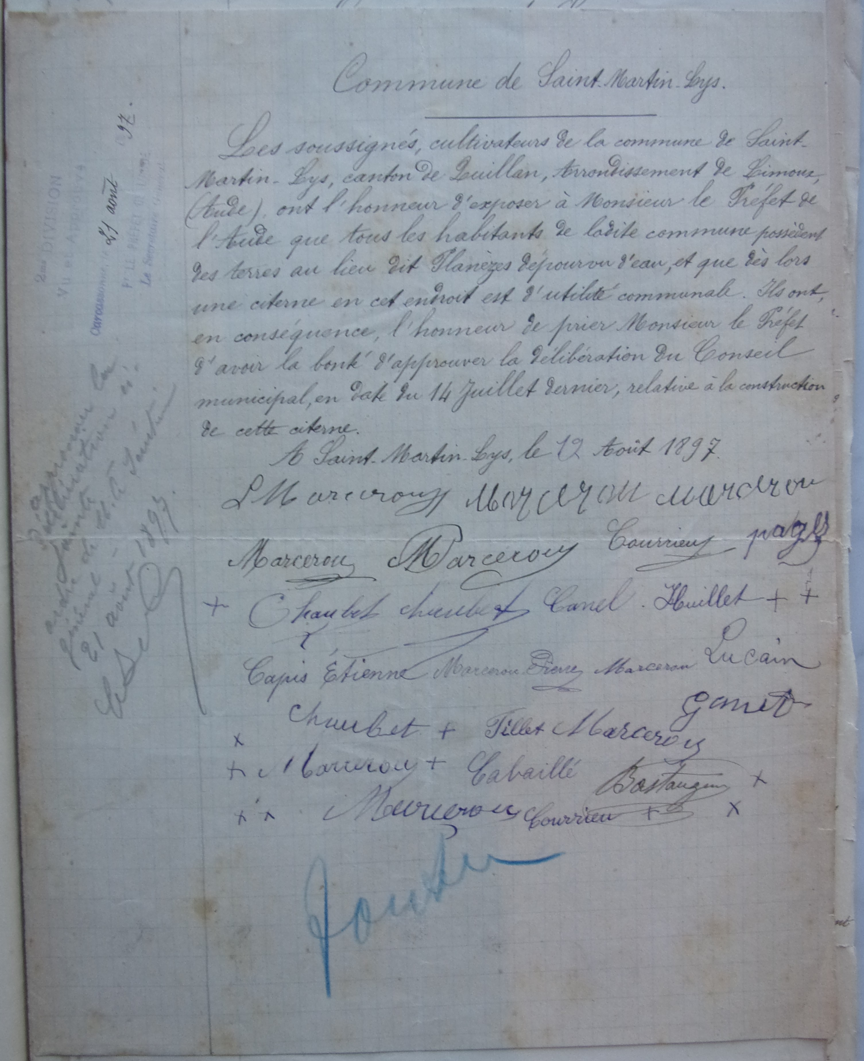 12 août 1897 - Délibération du Conseil Municipal - Construction d'une citerne à Planèzes v1
