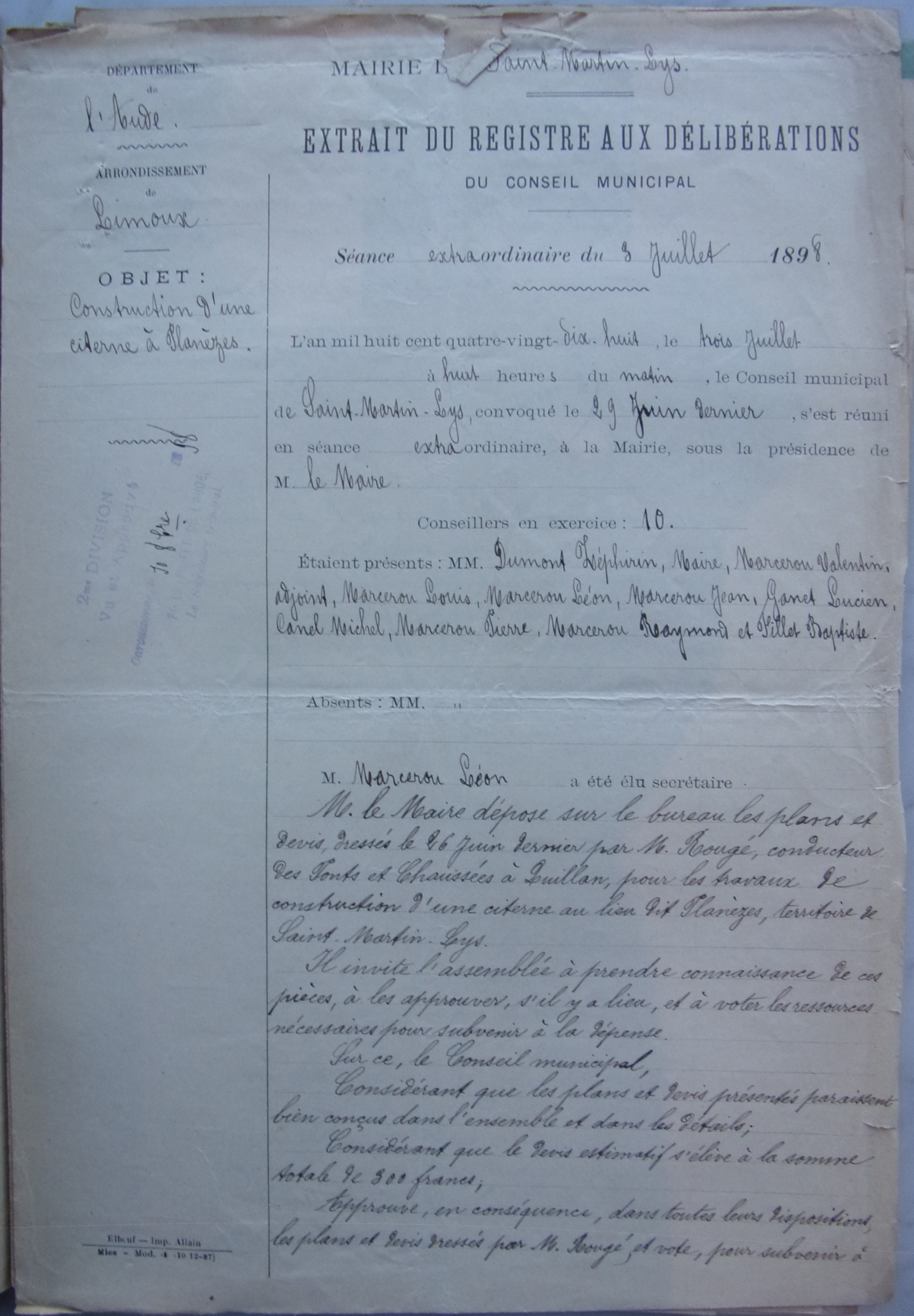 03 juillet 1898 - Délibération du Conseil Municipal - Construction d'une citerne à Planèzes p1